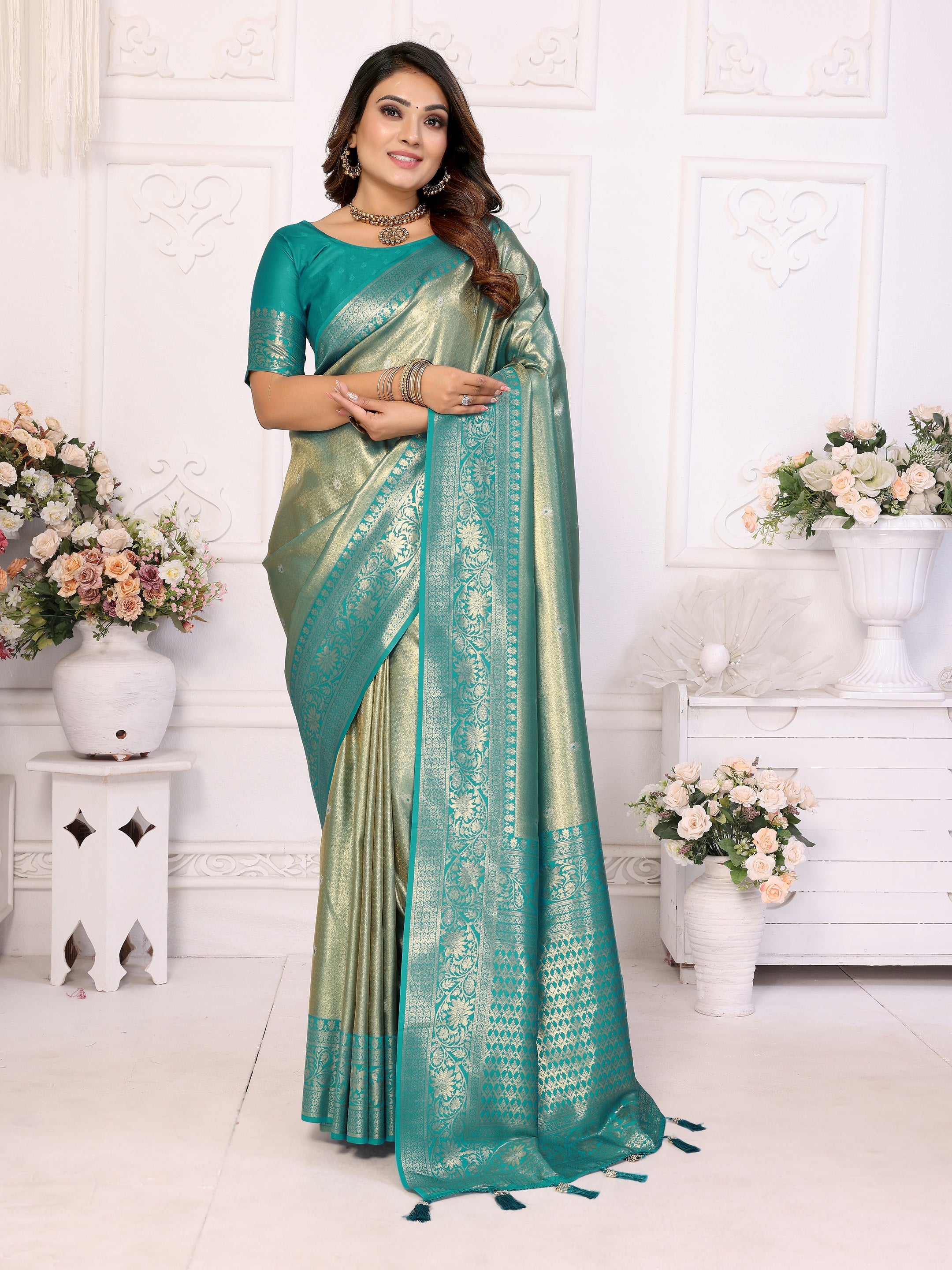 Vedant Vastram Tissue Silk Kanjeevaram Silk Saree - Rama - Distacart