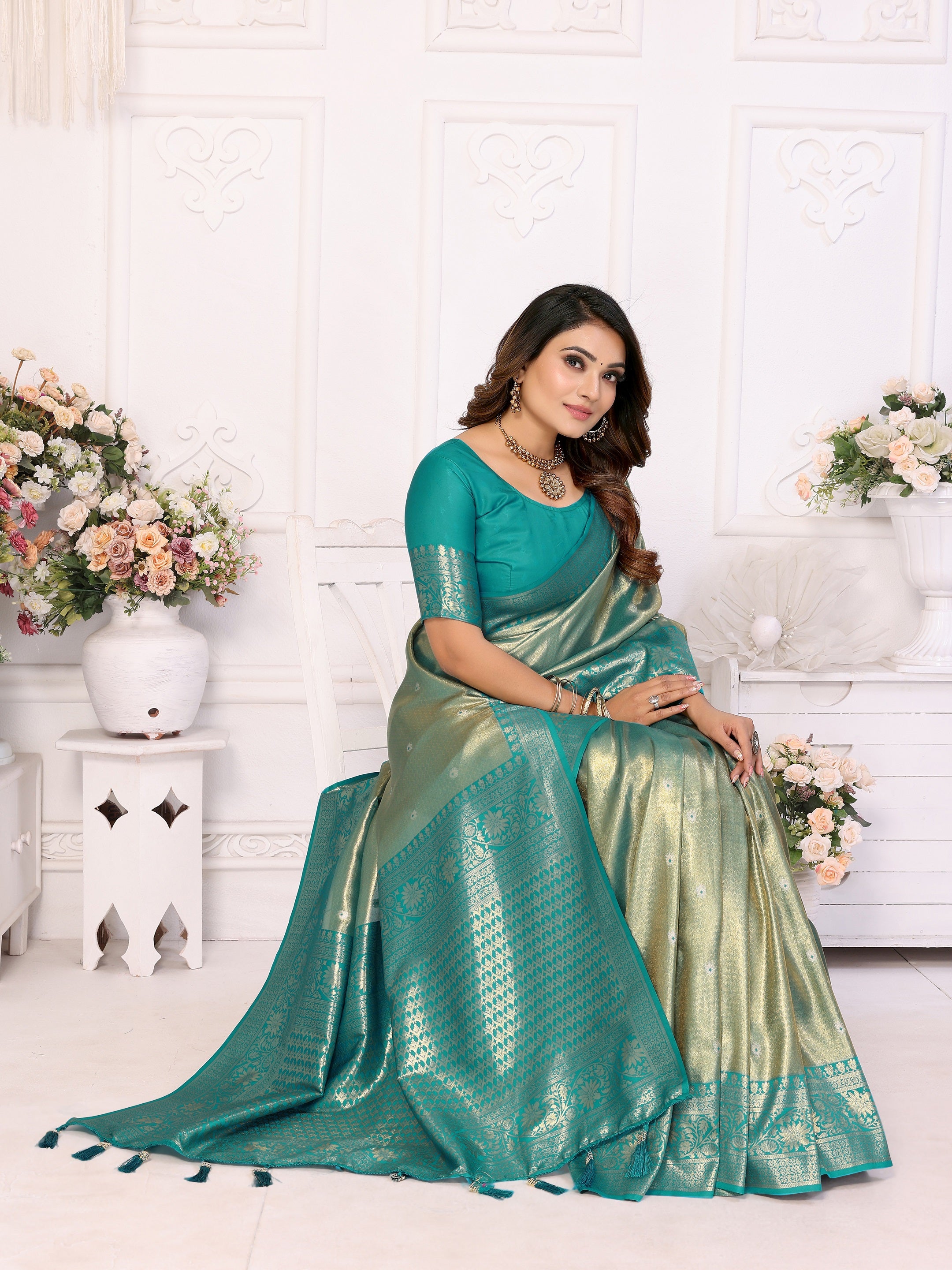 Vedant Vastram Tissue Silk Kanjeevaram Silk Saree - Rama - Distacart