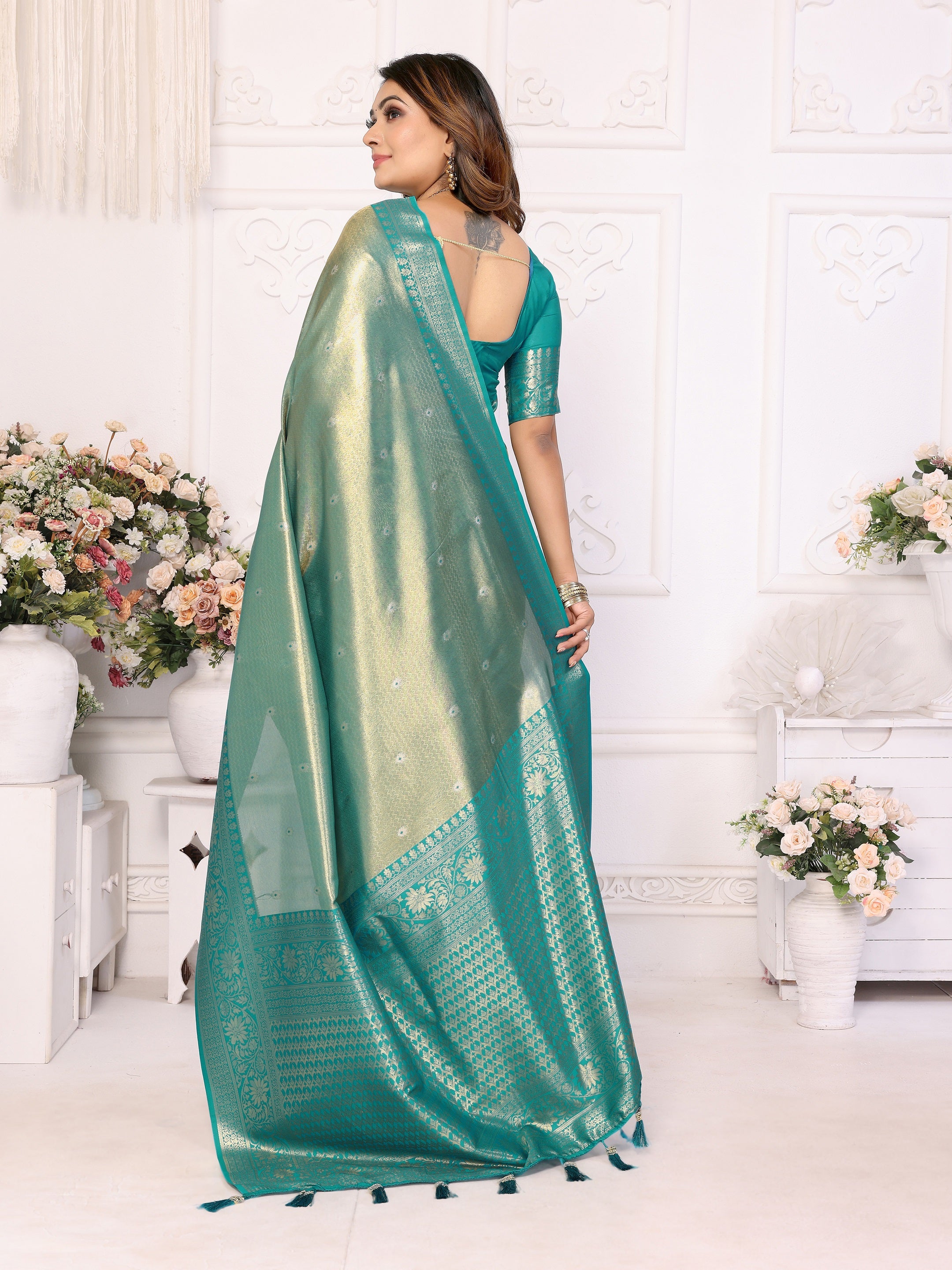 Vedant Vastram Tissue Silk Kanjeevaram Silk Saree - Rama - Distacart