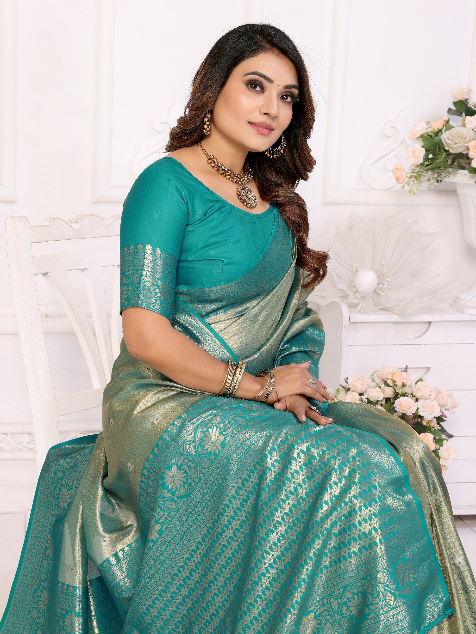 Vedant Vastram Tissue Silk Kanjeevaram Silk Saree - Rama - Distacart