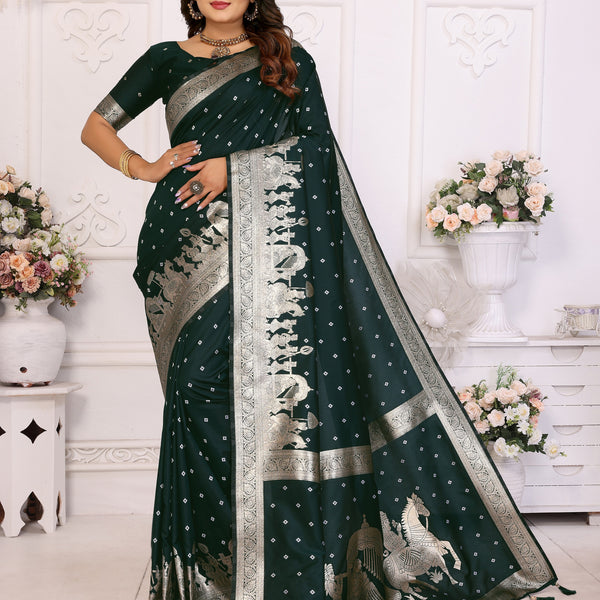 Vedant Vastram Soft Litchi Silk Banarasi Silk Saree - Green - Distacart