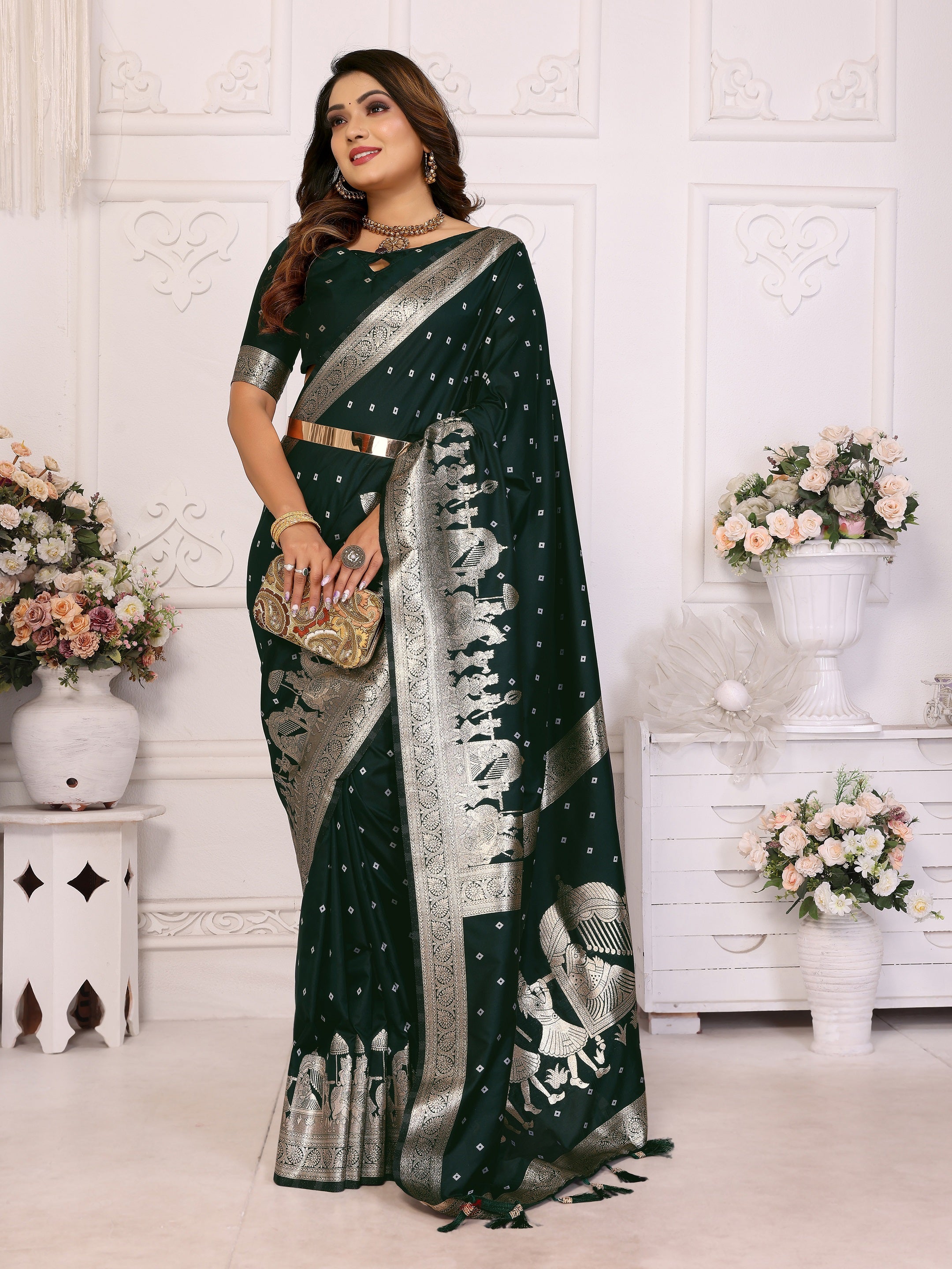 Vedant Vastram Soft Litchi Silk Banarasi Silk Saree - Green - Distacart