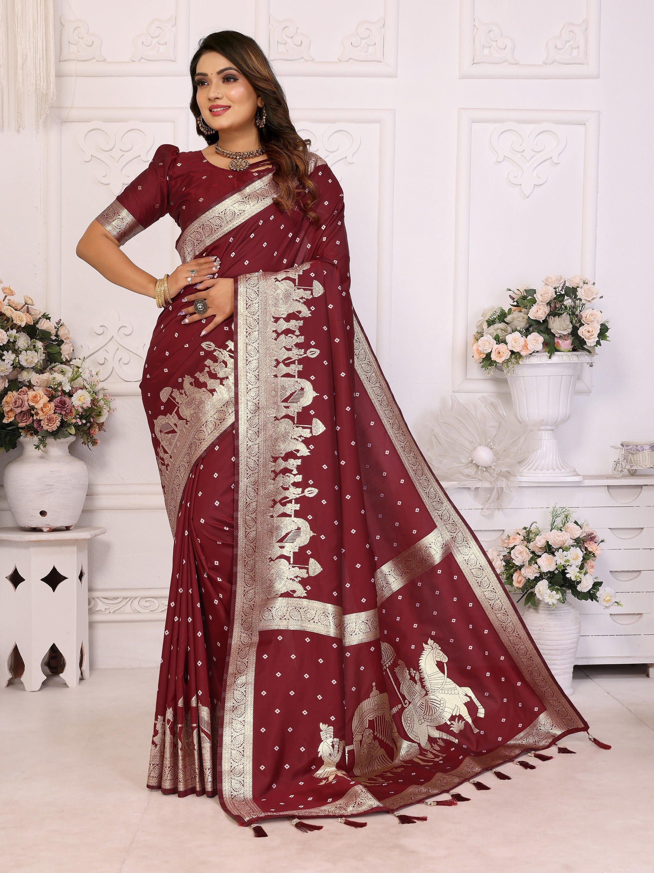 Vedant Vastram Soft Litchi Silk Banarasi Silk Saree - Maroon - Distacart