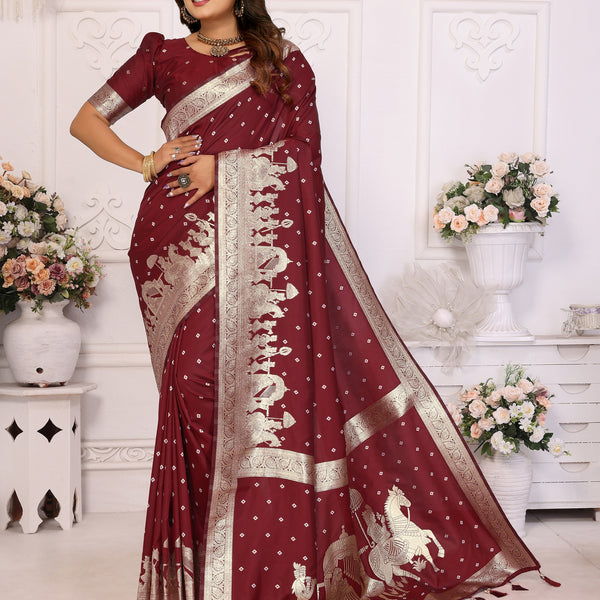 Vedant Vastram Soft Litchi Silk Banarasi Silk Saree - Maroon - Distacart