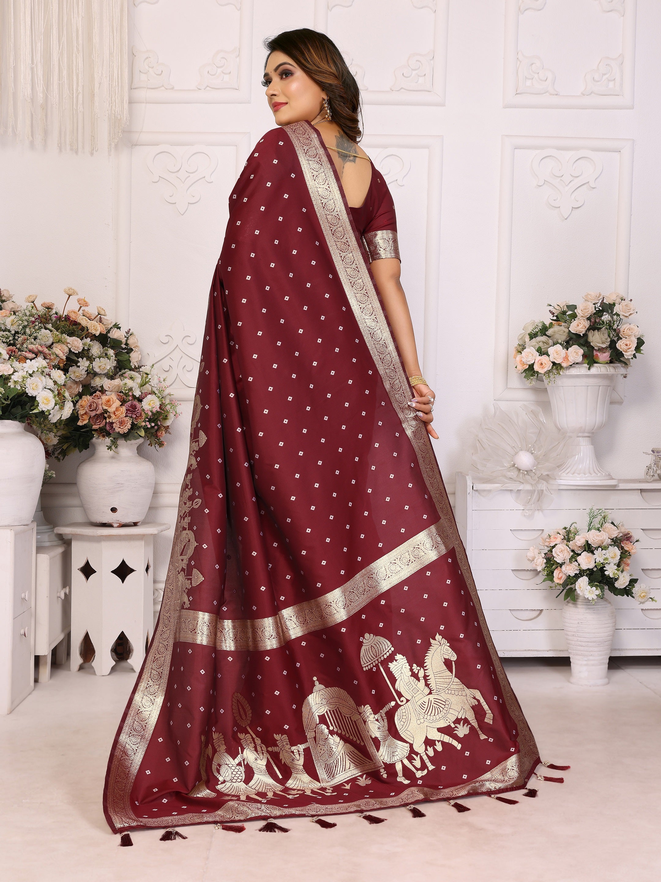 Vedant Vastram Soft Litchi Silk Banarasi Silk Saree - Maroon - Distacart