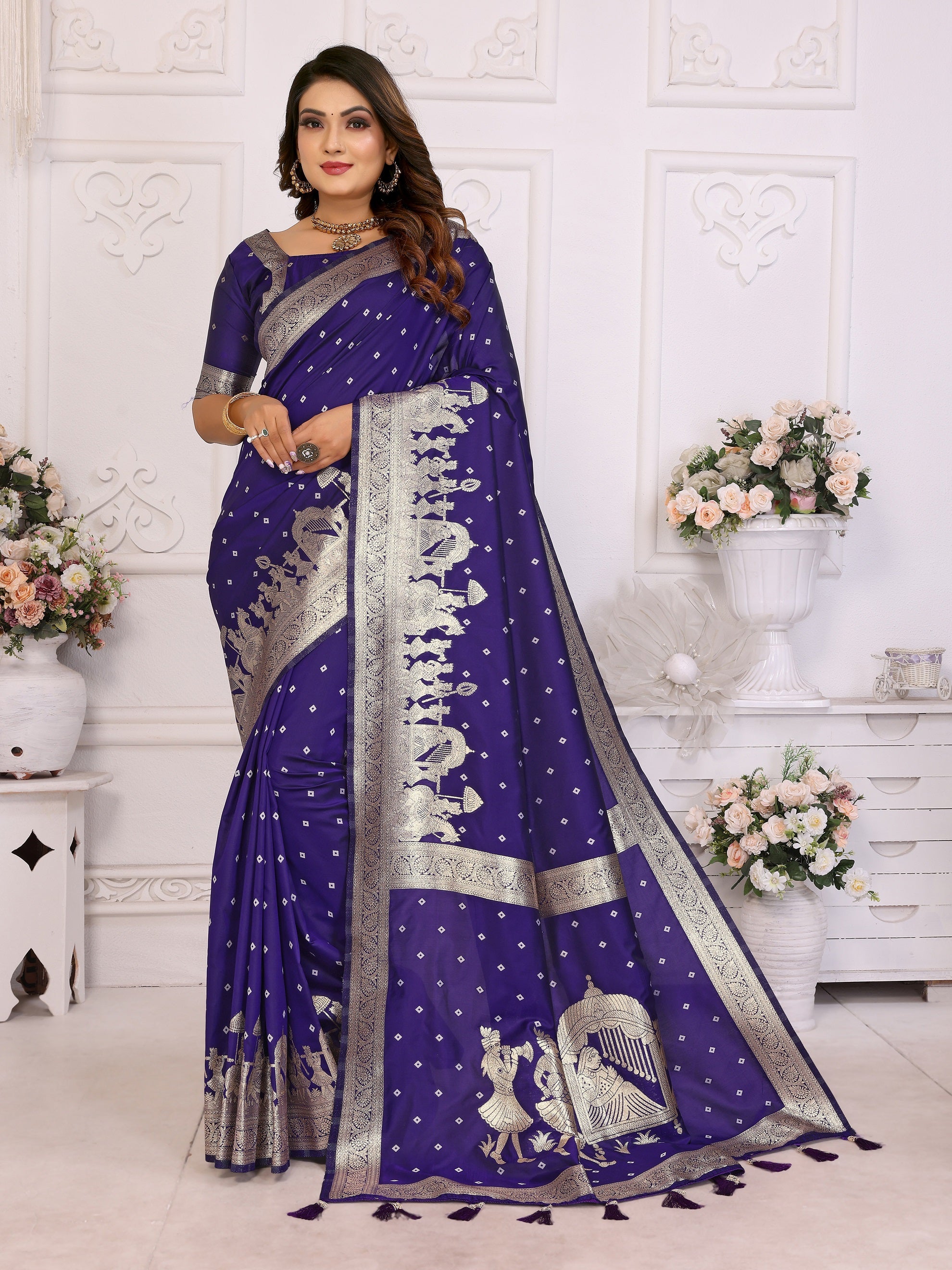 Vedant Vastram Soft Litchi Silk Banarasi Silk Saree - Navy - Distacart