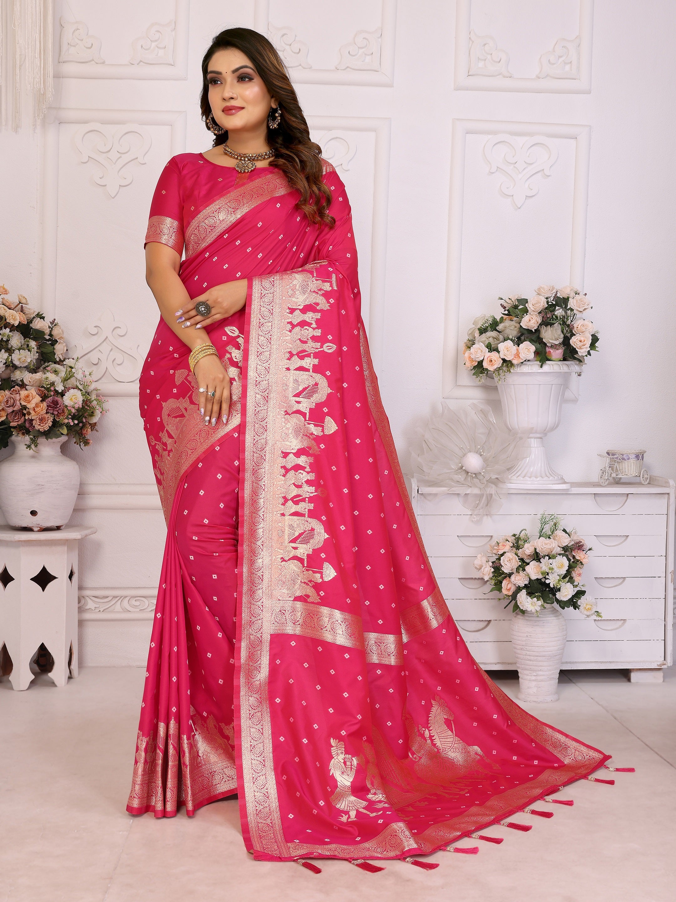 Vedant Vastram Soft Litchi Silk Banarasi Silk Saree - Rani - Distacart
