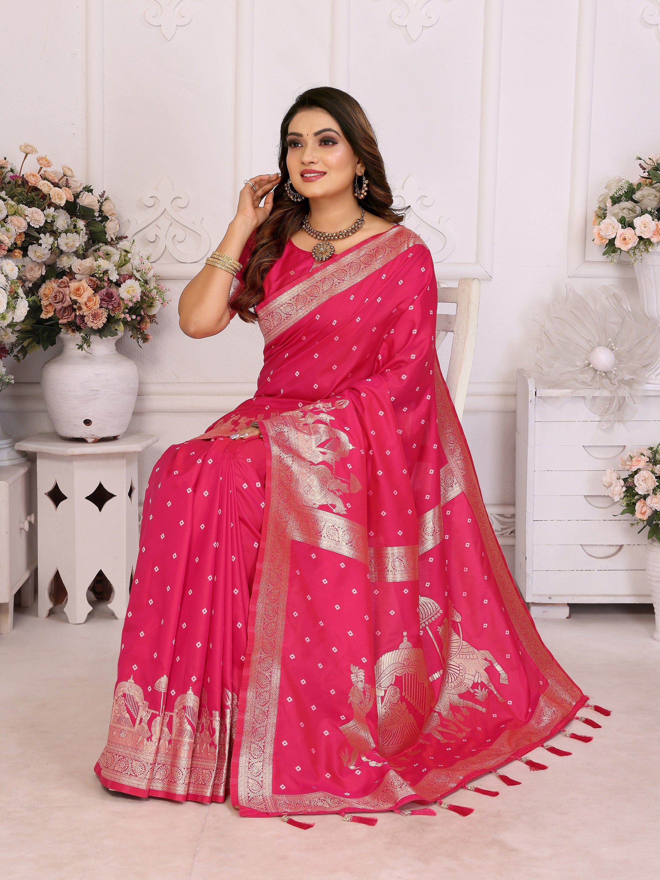 Vedant Vastram Soft Litchi Silk Banarasi Silk Saree - Rani - Distacart
