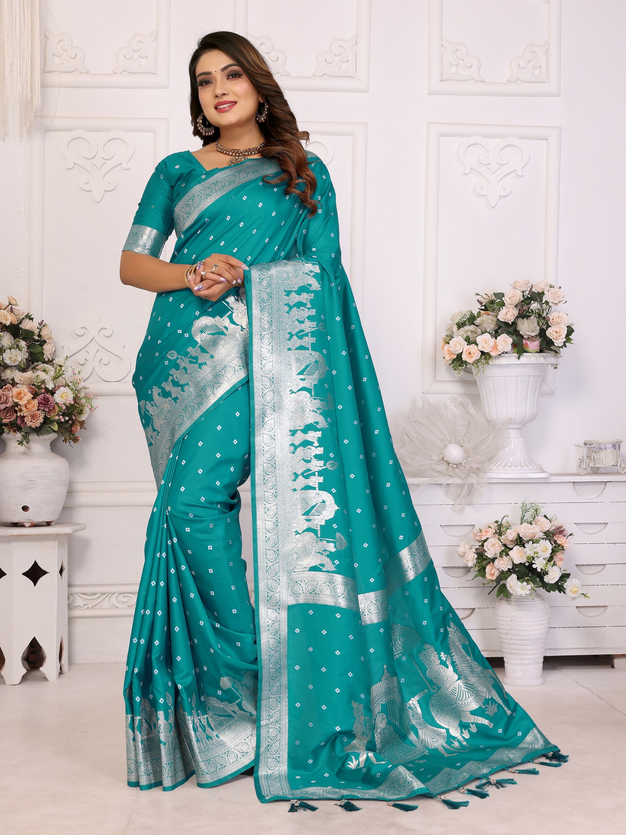 Vedant Vastram Soft Litchi Silk Banarasi Silk Saree - Turquoise - Distacart