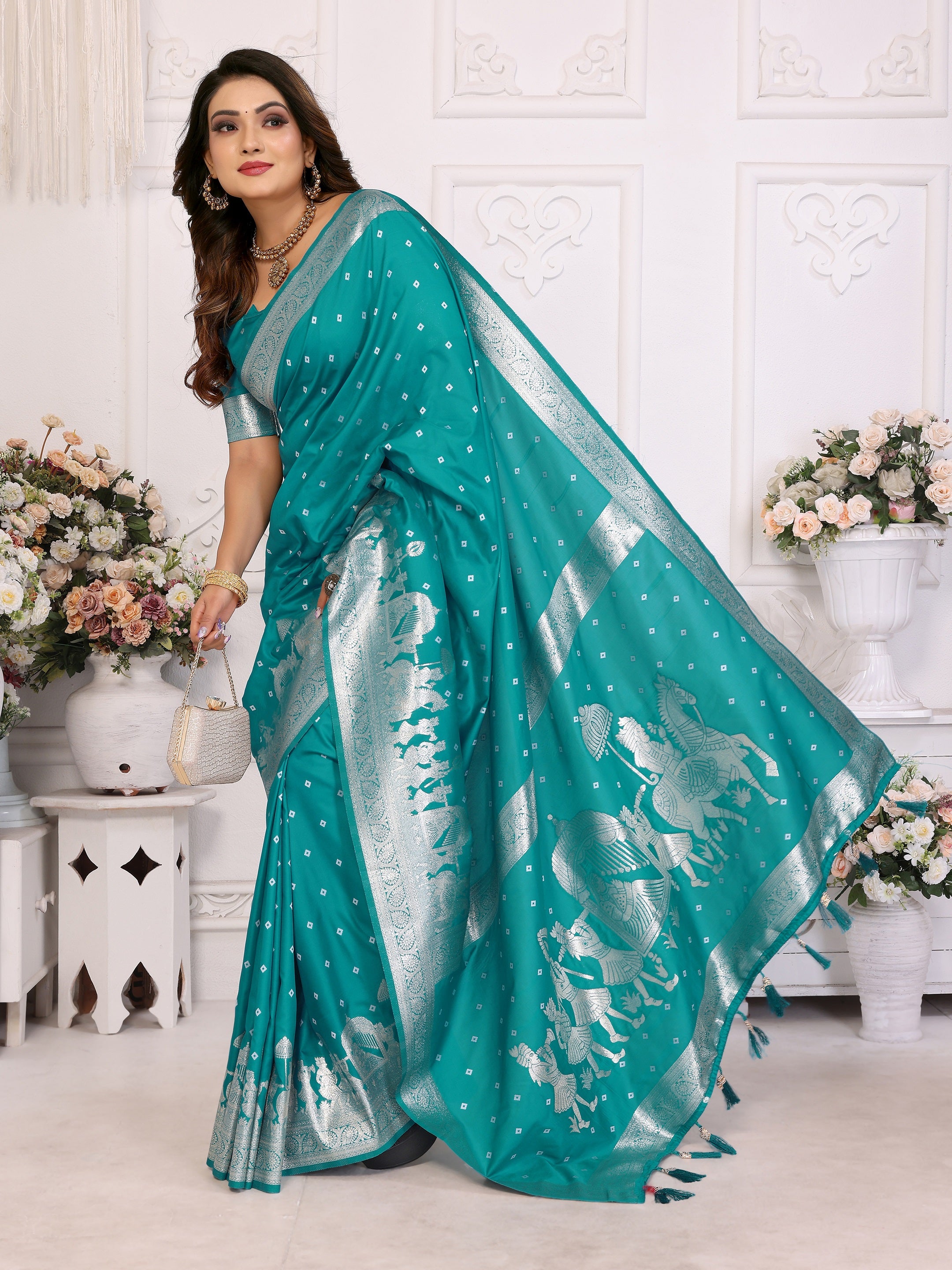 Vedant Vastram Soft Litchi Silk Banarasi Silk Saree - Turquoise - Distacart