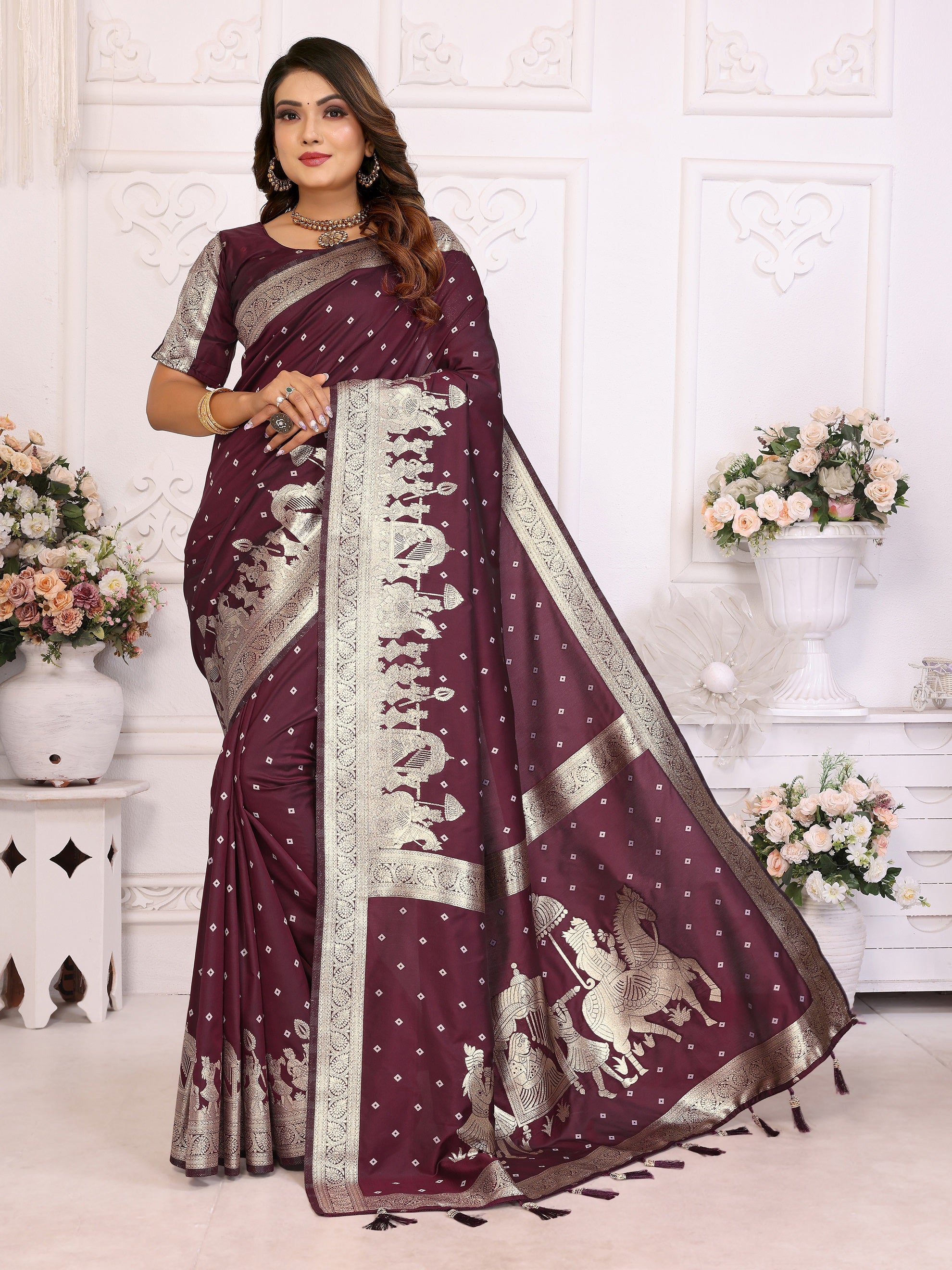 Vedant Vastram Soft Litchi Silk Banarasi Silk Saree - Wine - Distacart