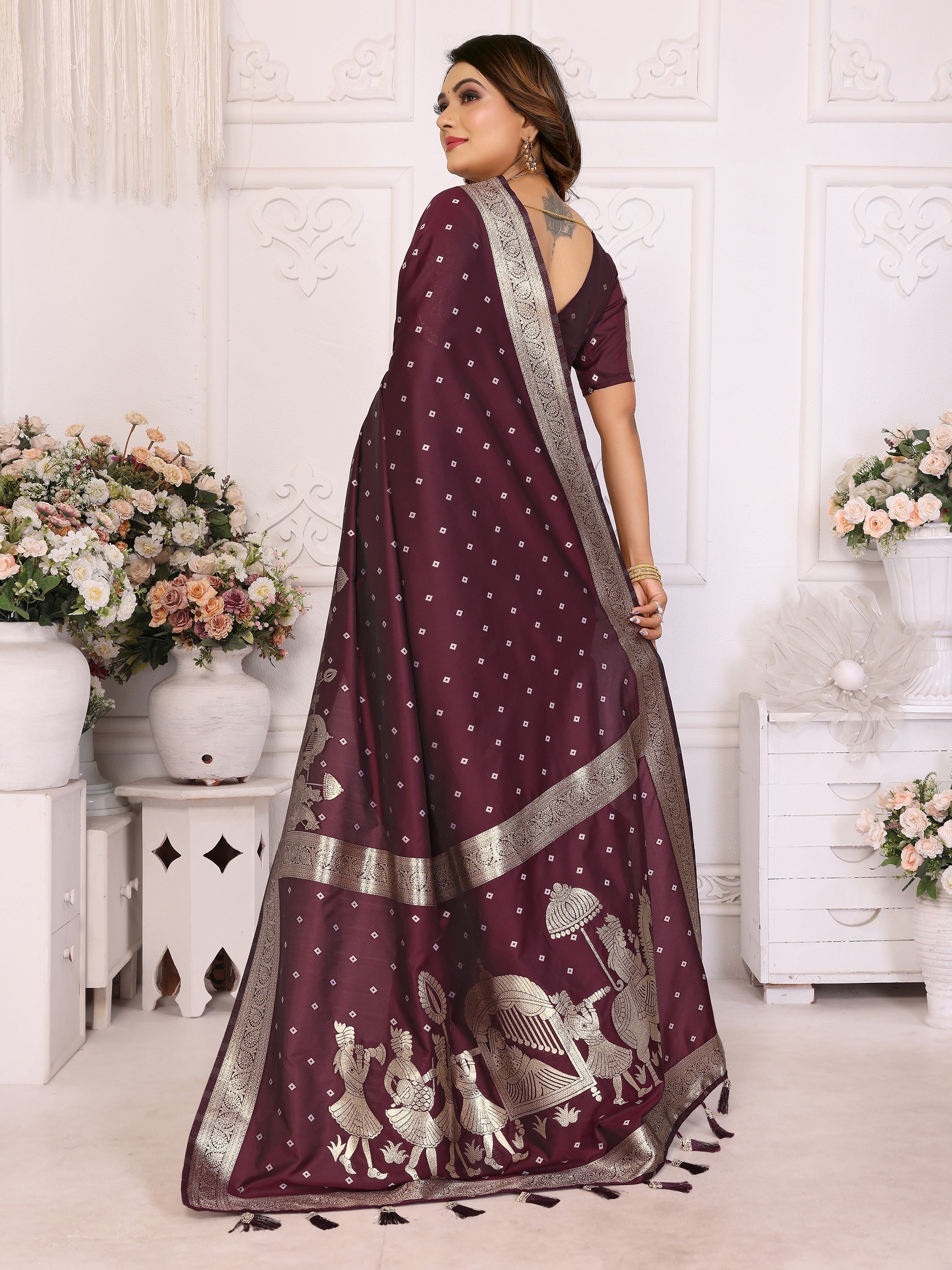Vedant Vastram Soft Litchi Silk Banarasi Silk Saree - Wine - Distacart