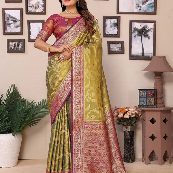 Vedant Vastram Tissue Silk Kanjeevaram Silk Saree - Dark-Olive - Distacart
