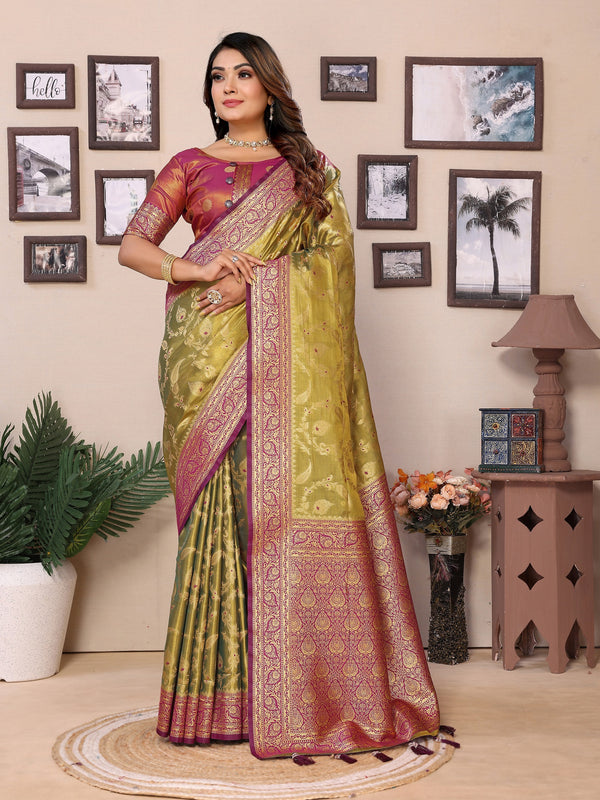 Vedant Vastram Tissue Silk Kanjeevaram Silk Saree - Dark-Olive - Distacart
