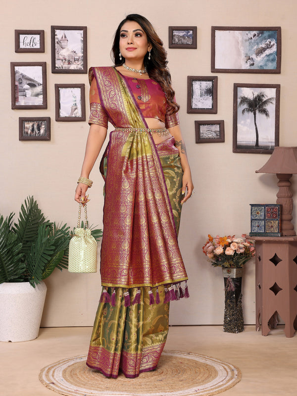 Vedant Vastram Tissue Silk Kanjeevaram Silk Saree - Dark-Olive - Distacart