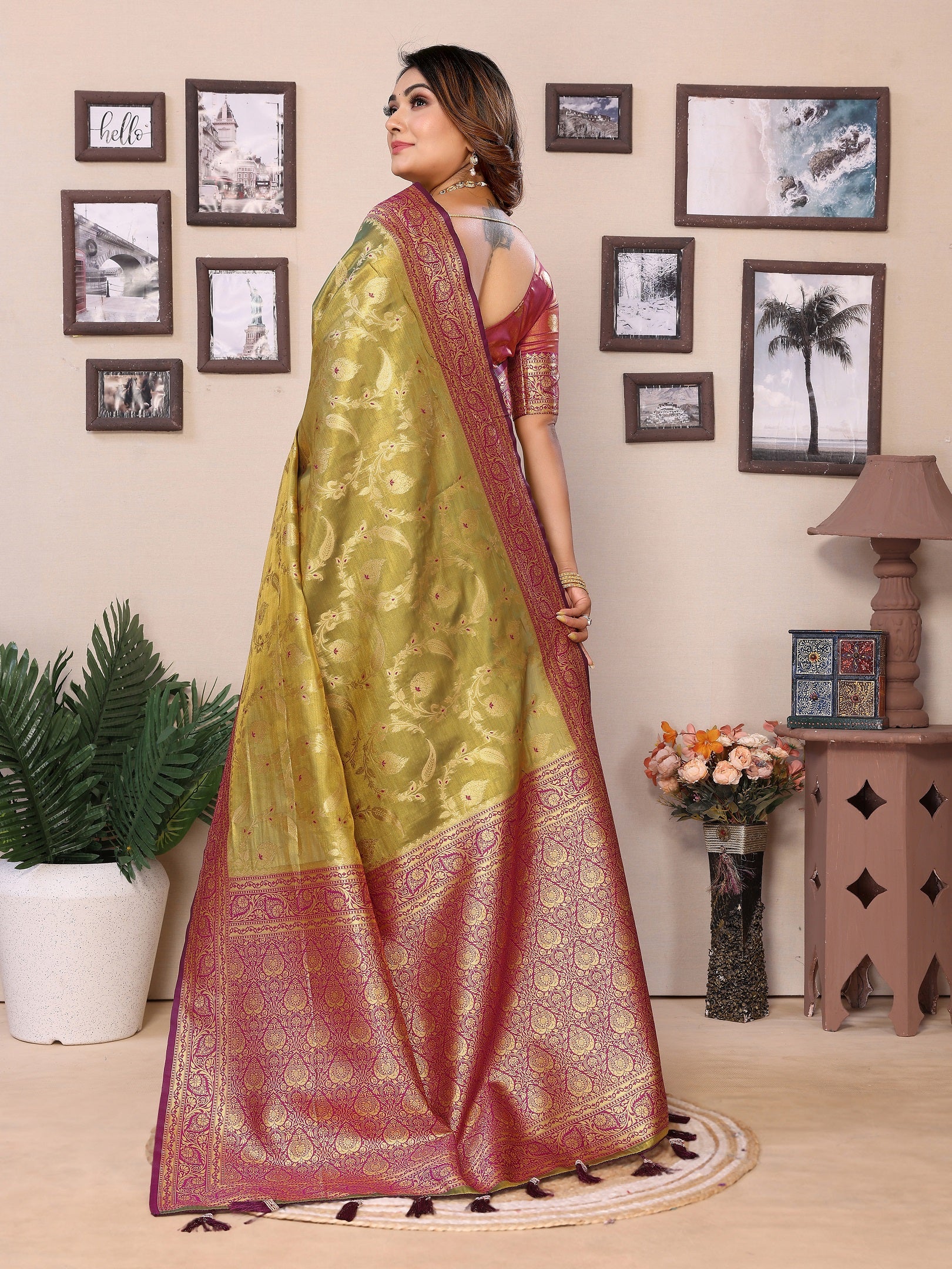 Vedant Vastram Tissue Silk Kanjeevaram Silk Saree - Dark-Olive - Distacart