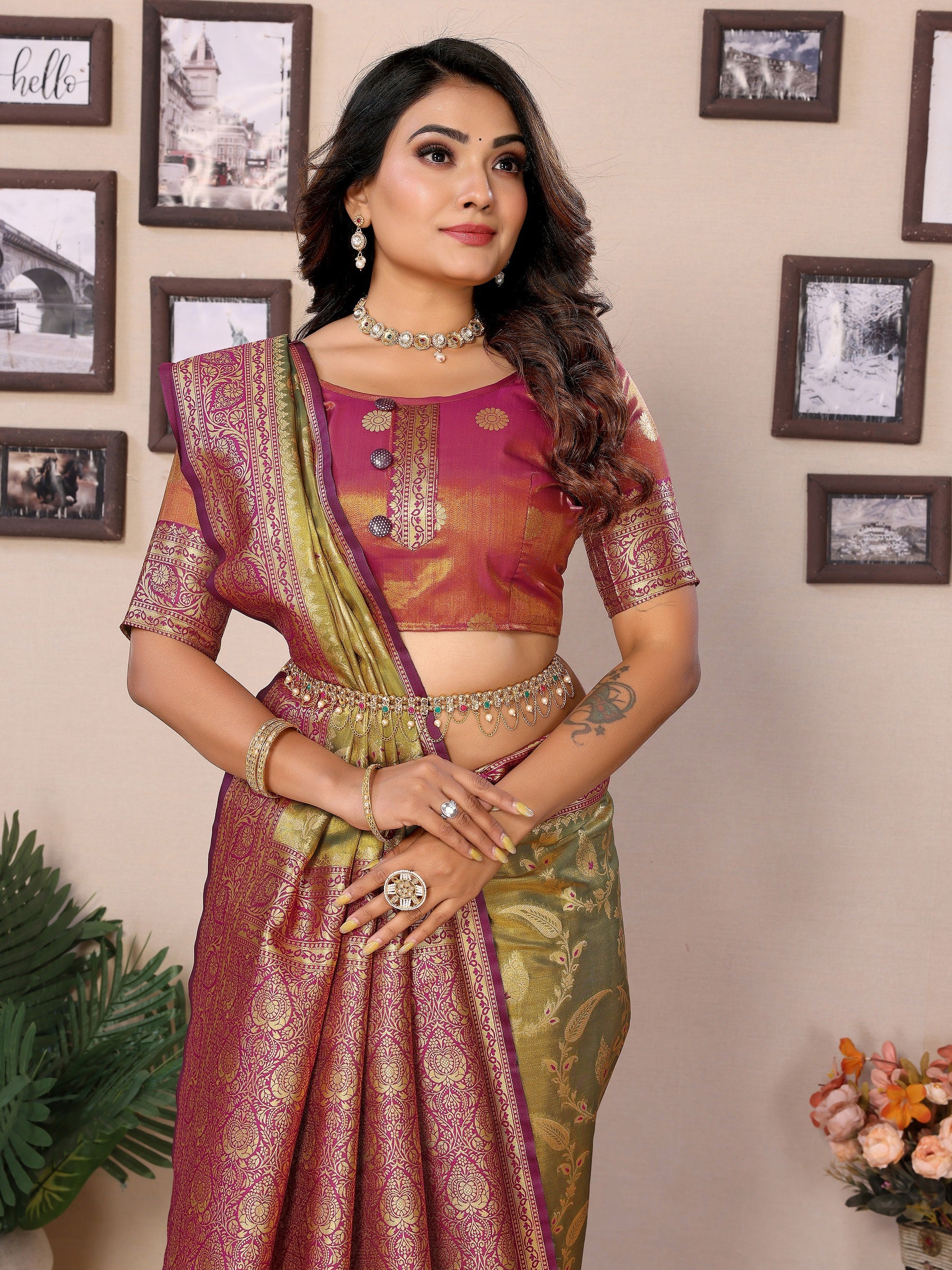 Vedant Vastram Tissue Silk Kanjeevaram Silk Saree - Dark-Olive - Distacart