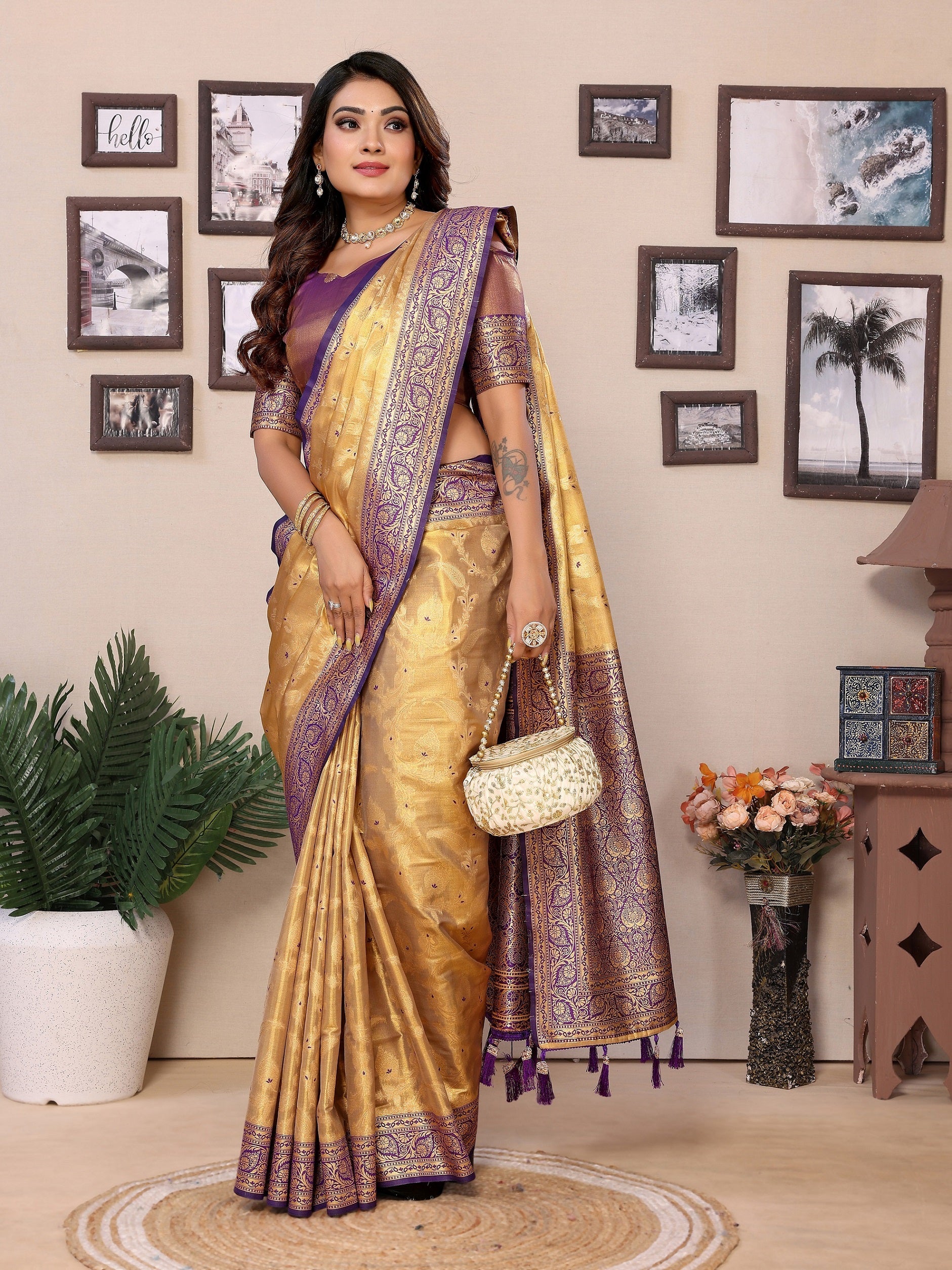 Vedant Vastram Tissue Silk Kanjeevaram Silk Saree - Gold - Distacart