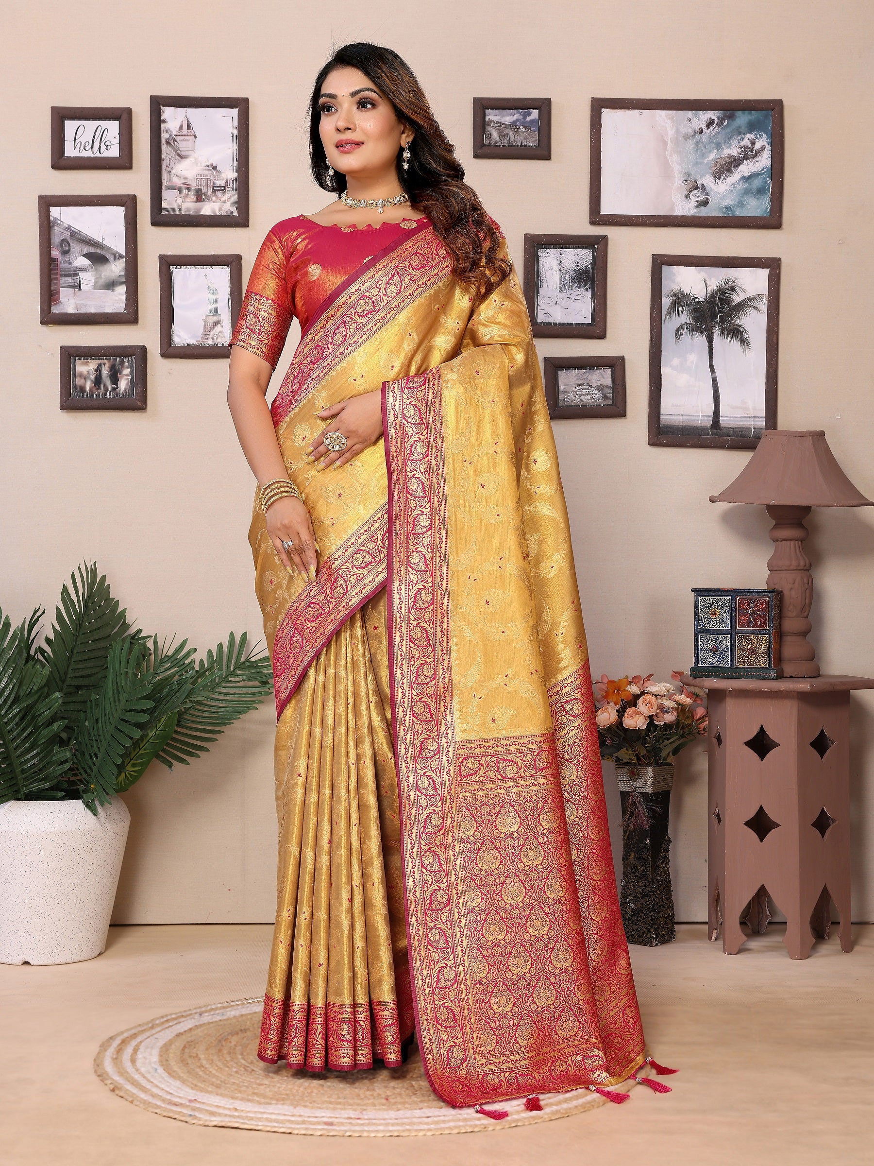 Vedant Vastram Tissue Silk Kanjeevaram Silk Saree - Mustard - Distacart