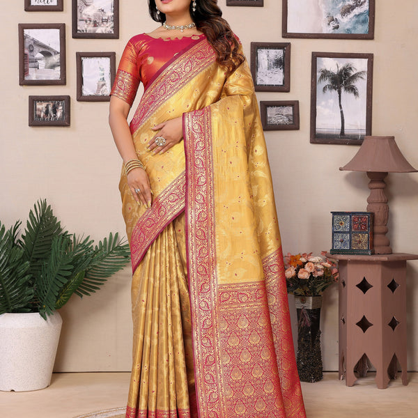 Vedant Vastram Tissue Silk Kanjeevaram Silk Saree - Mustard - Distacart