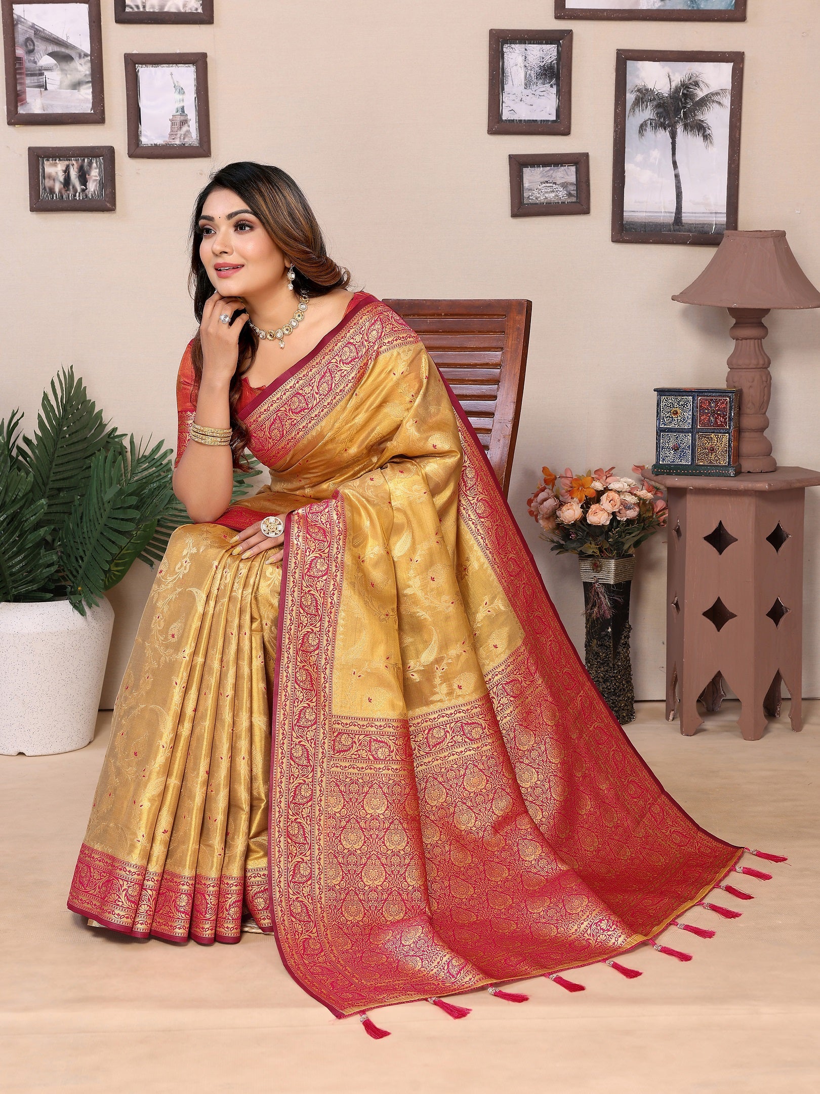 Vedant Vastram Tissue Silk Kanjeevaram Silk Saree - Mustard - Distacart