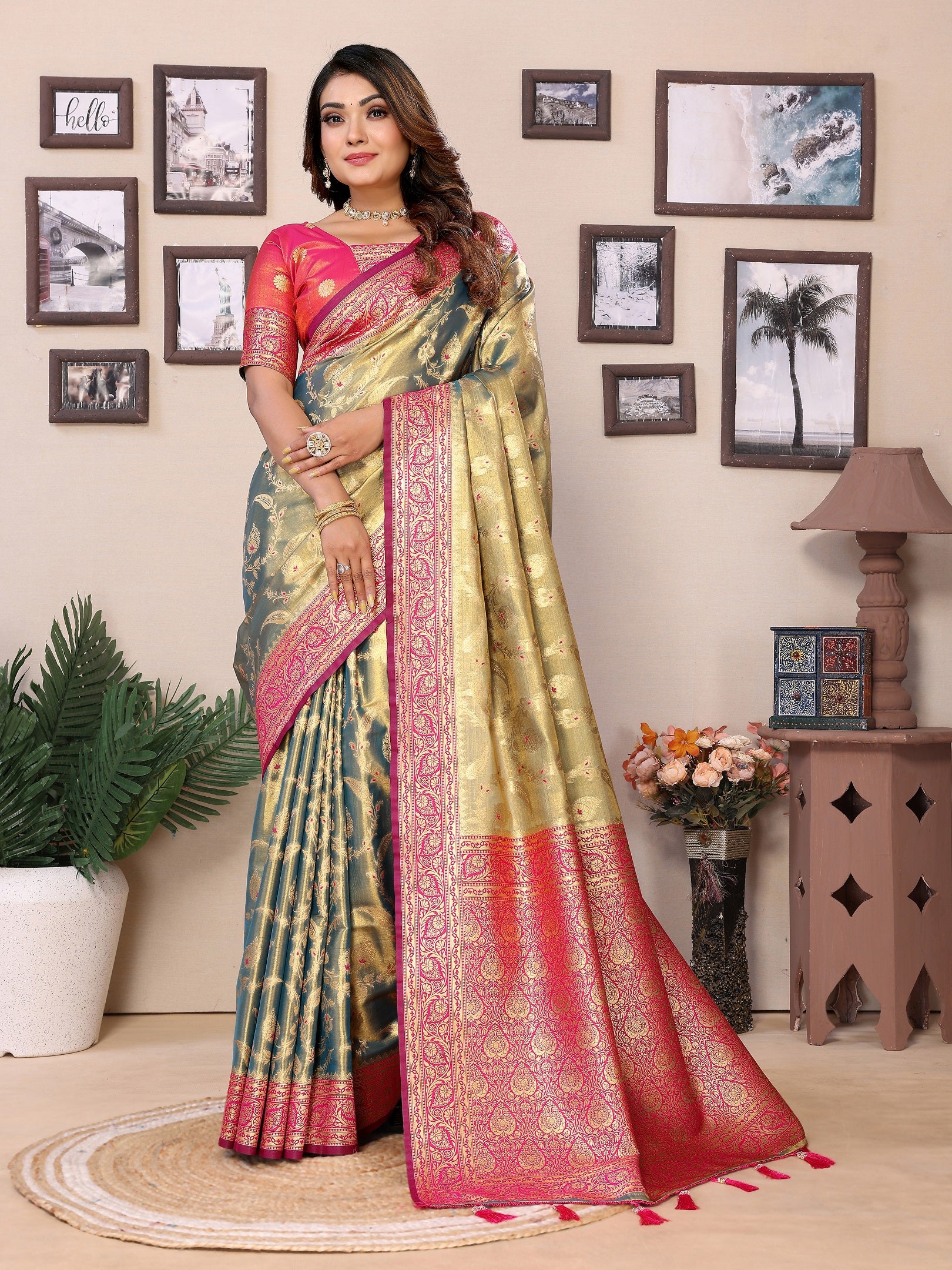 Vedant Vastram Tissue Silk Kanjeevaram Silk Saree - Olive - Distacart