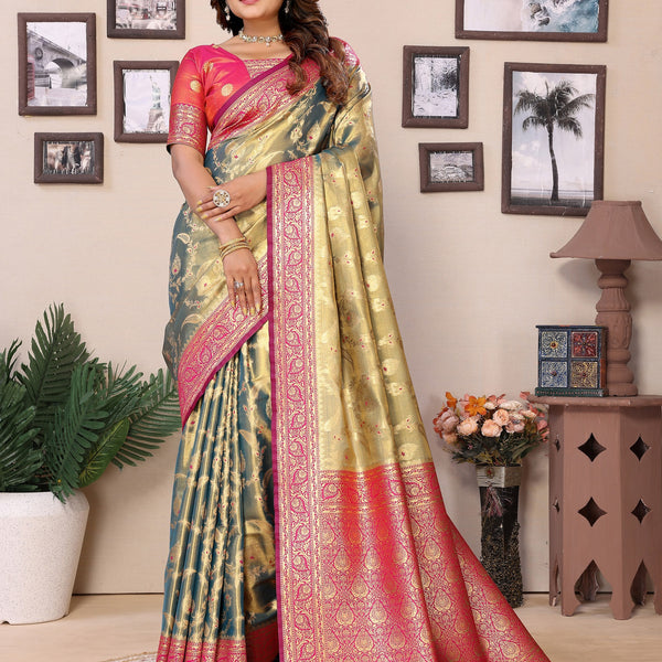 Vedant Vastram Tissue Silk Kanjeevaram Silk Saree - Olive - Distacart