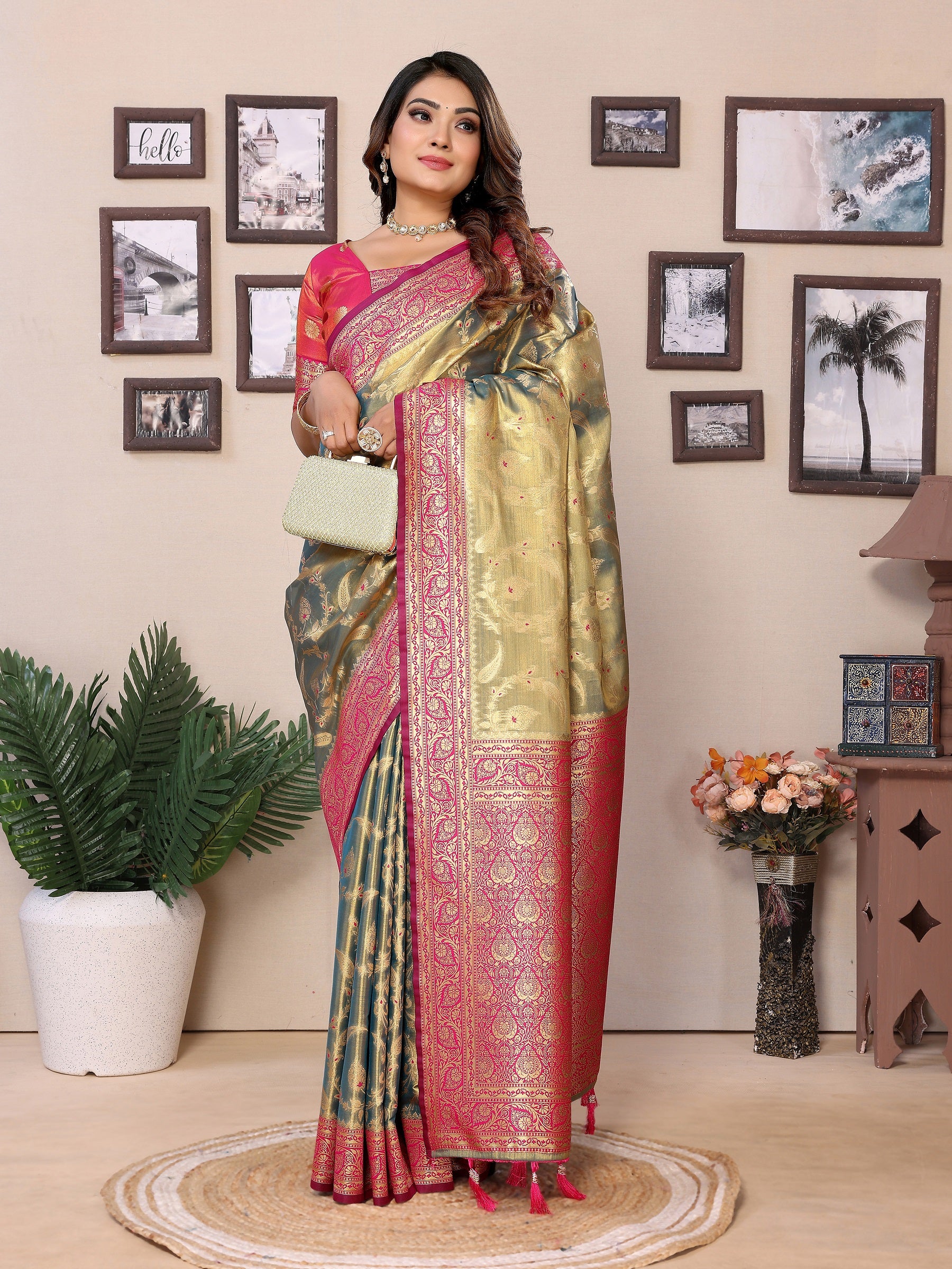 Vedant Vastram Tissue Silk Kanjeevaram Silk Saree - Olive - Distacart
