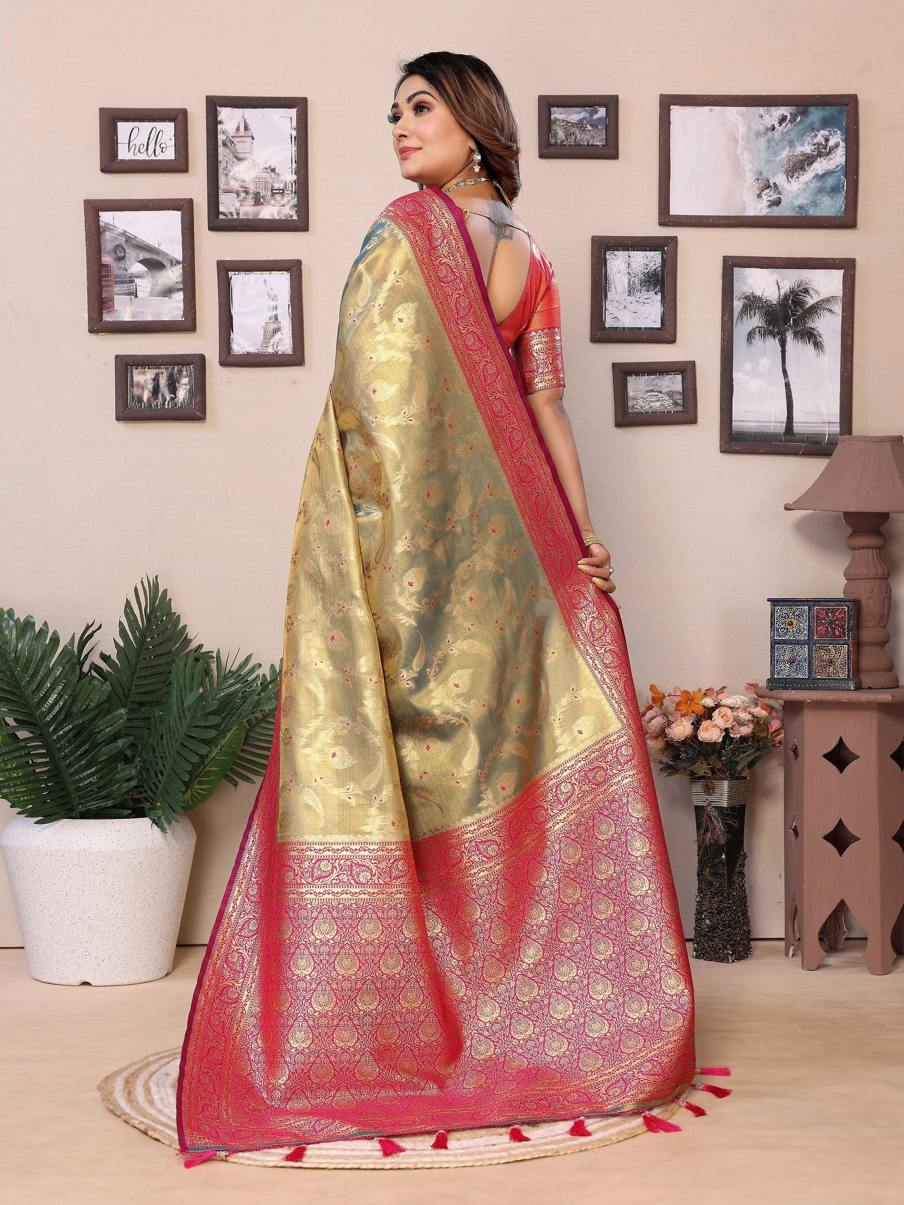 Vedant Vastram Tissue Silk Kanjeevaram Silk Saree - Olive - Distacart