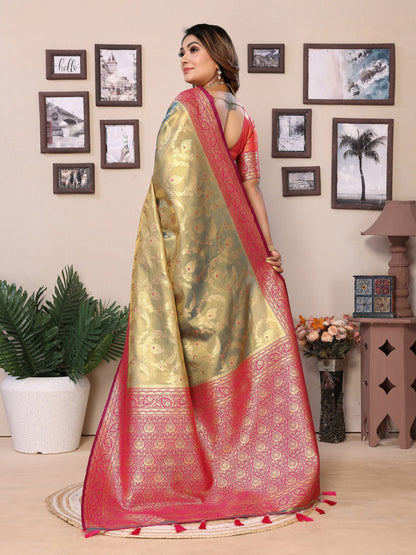 Vedant Vastram Tissue Silk Kanjeevaram Silk Saree - Olive - Distacart