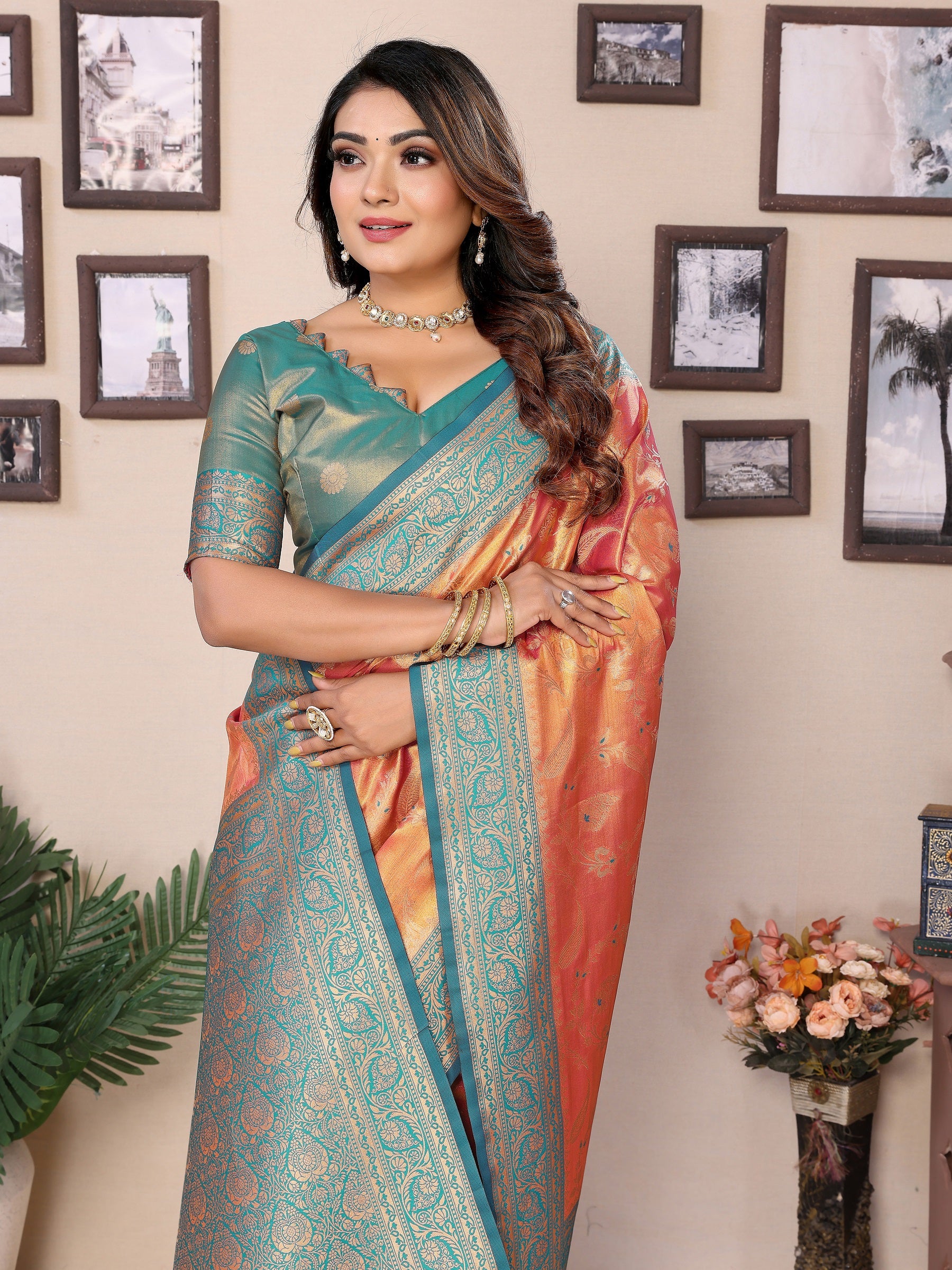 Vedant Vastram Tissue Silk Kanjeevaram Silk Saree - Orange - Distacart
