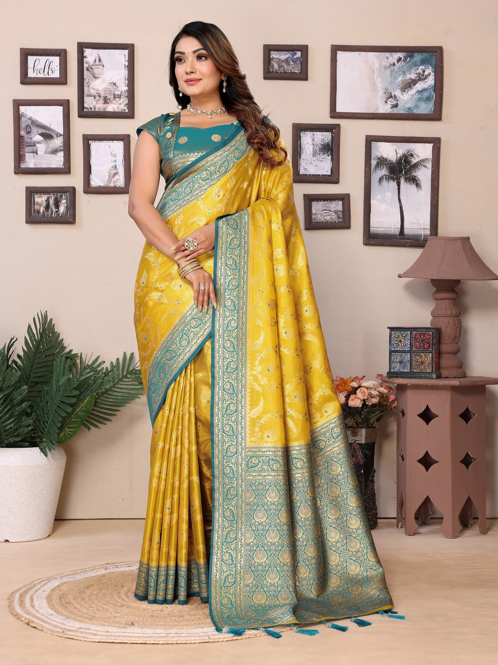Vedant Vastram Tissue Silk Kanjeevaram Silk Saree - Yellow - Distacart