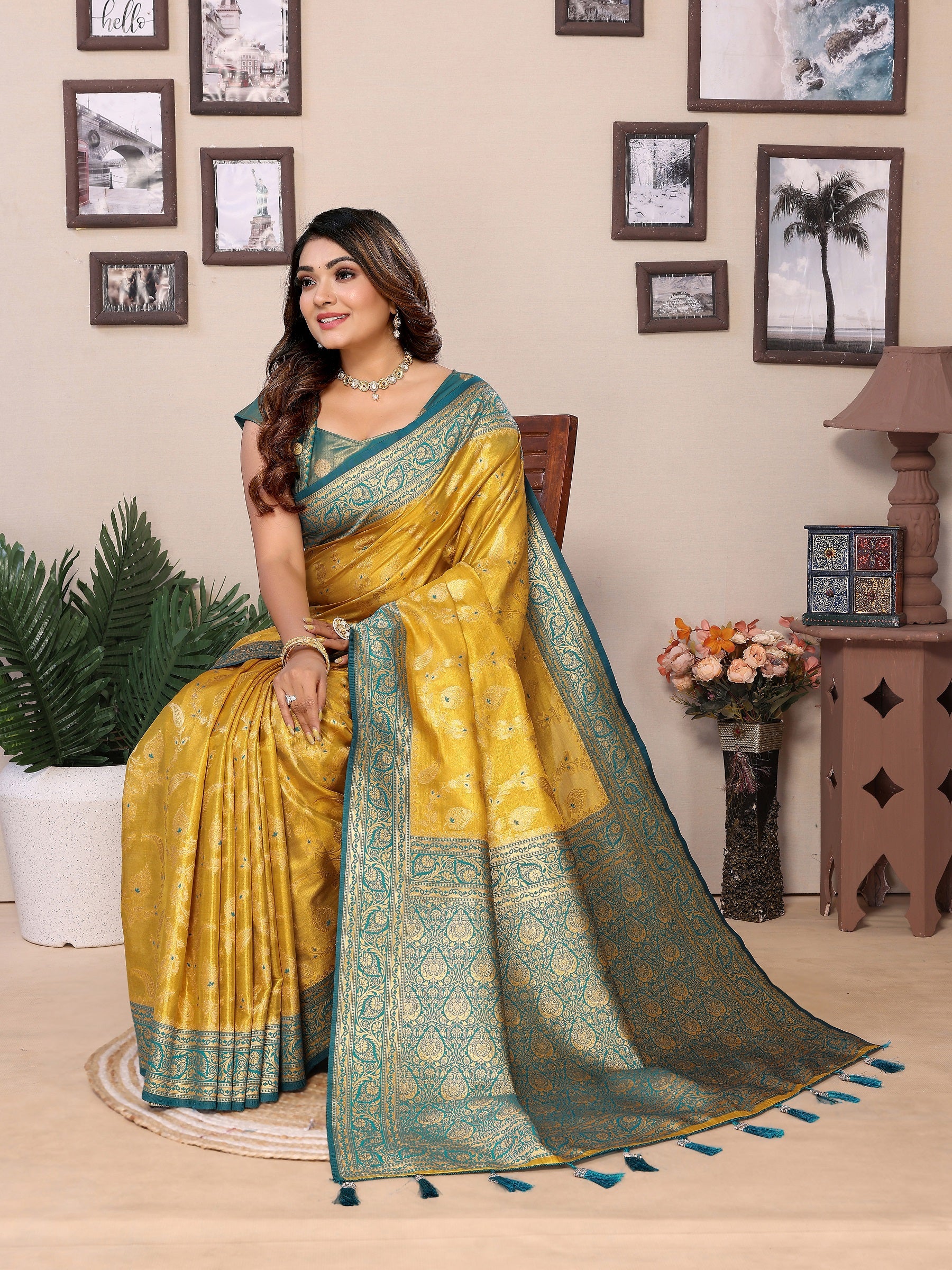Vedant Vastram Tissue Silk Kanjeevaram Silk Saree - Yellow - Distacart