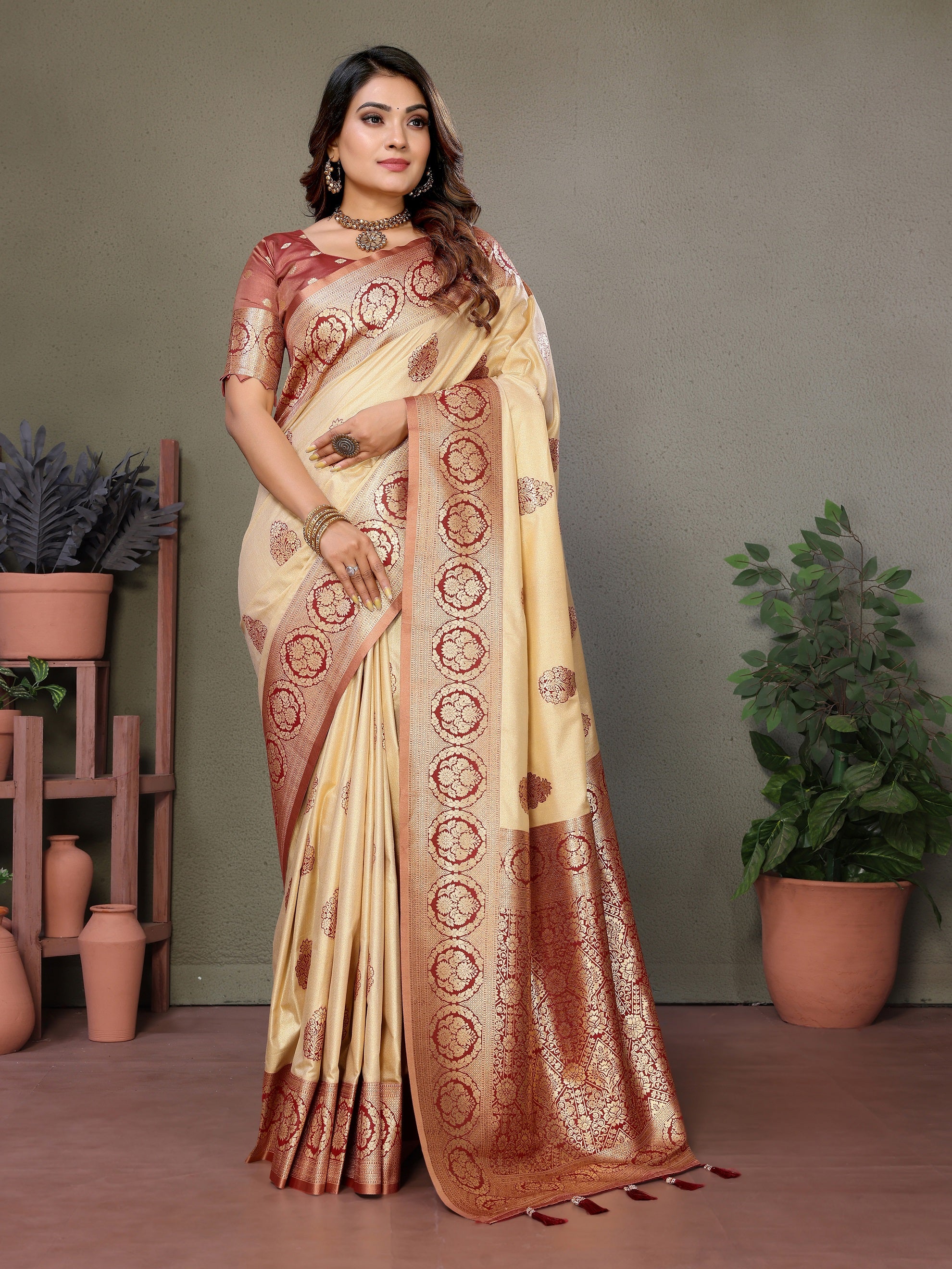 Vedant Vastram Viscose Silk Kanjeevaram Silk Saree - Maroon - Distacart
