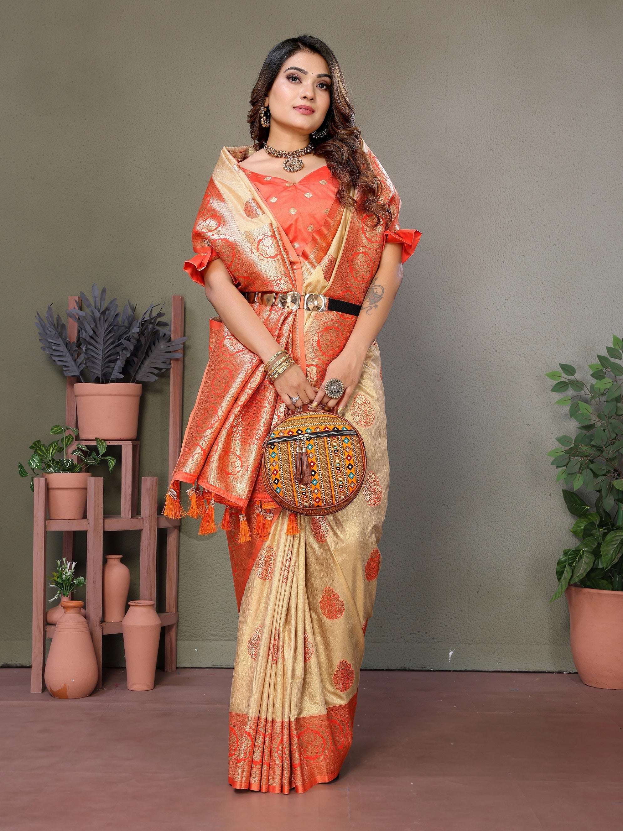 Vedant Vastram Viscose Silk Kanjeevaram Silk Saree - Orange - Distacart