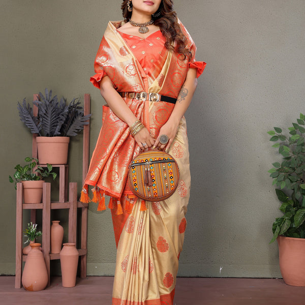Vedant Vastram Viscose Silk Kanjeevaram Silk Saree - Orange - Distacart