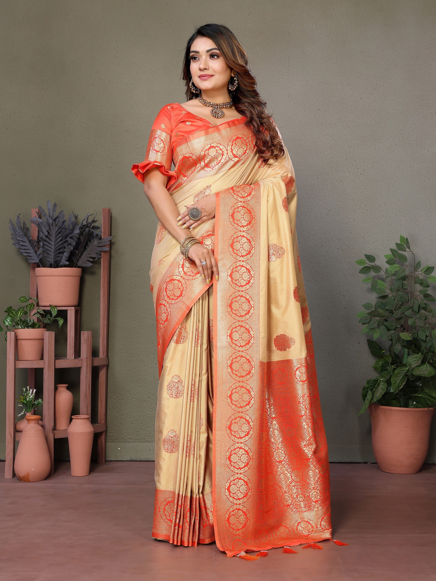 Vedant Vastram Viscose Silk Kanjeevaram Silk Saree - Orange - Distacart