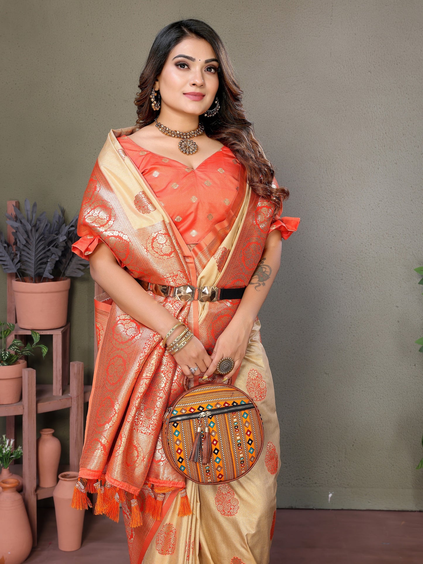 Vedant Vastram Viscose Silk Kanjeevaram Silk Saree - Orange - Distacart