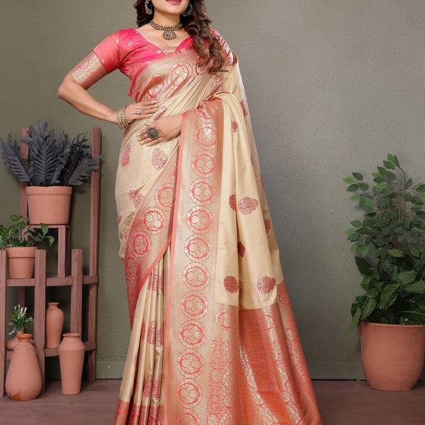 Vedant Vastram Viscose Silk Kanjeevaram Silk Saree - Peach - Distacart