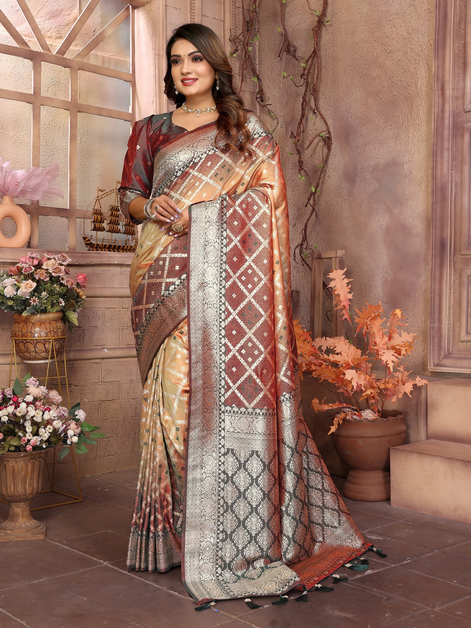 Vedant Vastram Soft Litchi Silk Kanjeevaram Silk Saree - Beige - Distacart