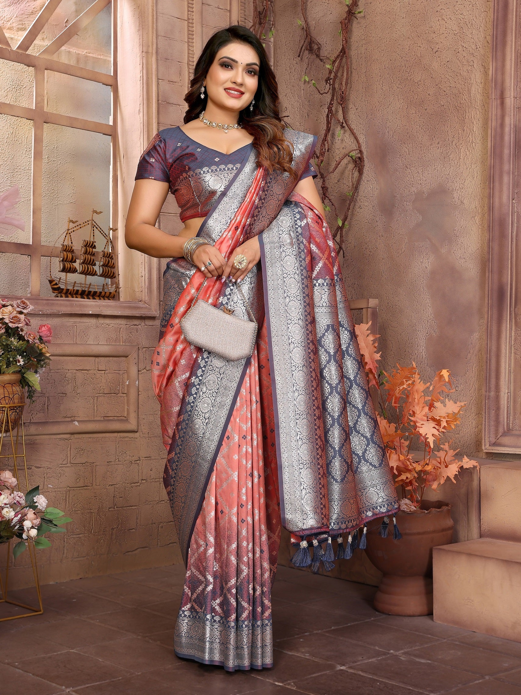 Vedant Vastram Soft Litchi Silk Kanjeevaram Silk Saree - Peach - Distacart
