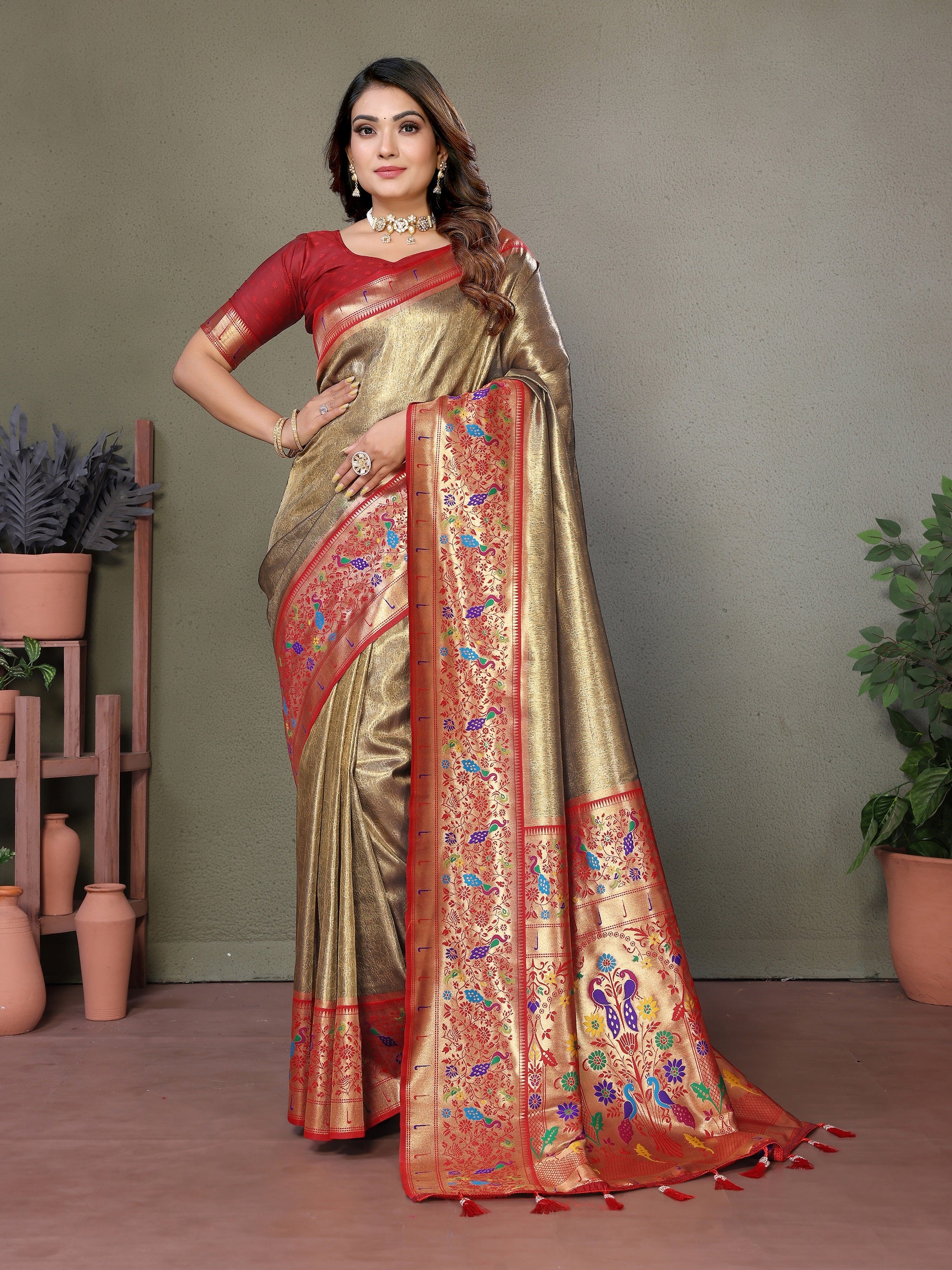 Vedant Vastram Tissue Silk Paithani Silk Saree - Beige - Distacart