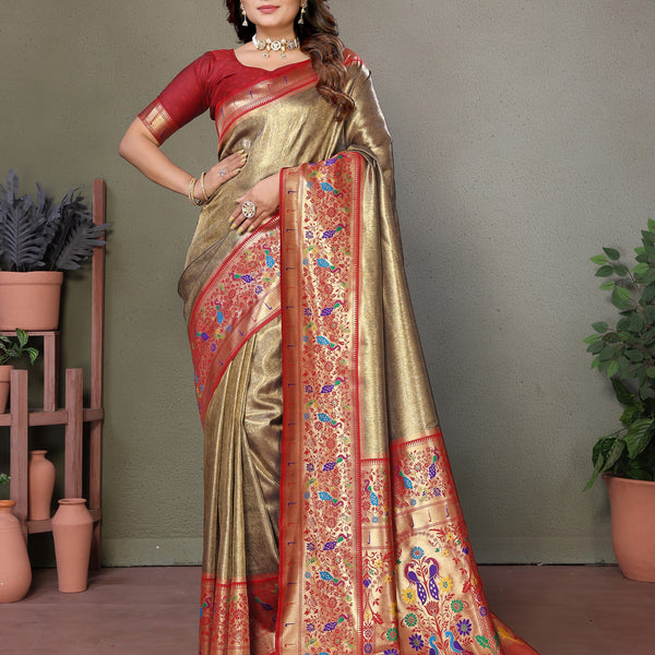Vedant Vastram Tissue Silk Paithani Silk Saree - Beige - Distacart