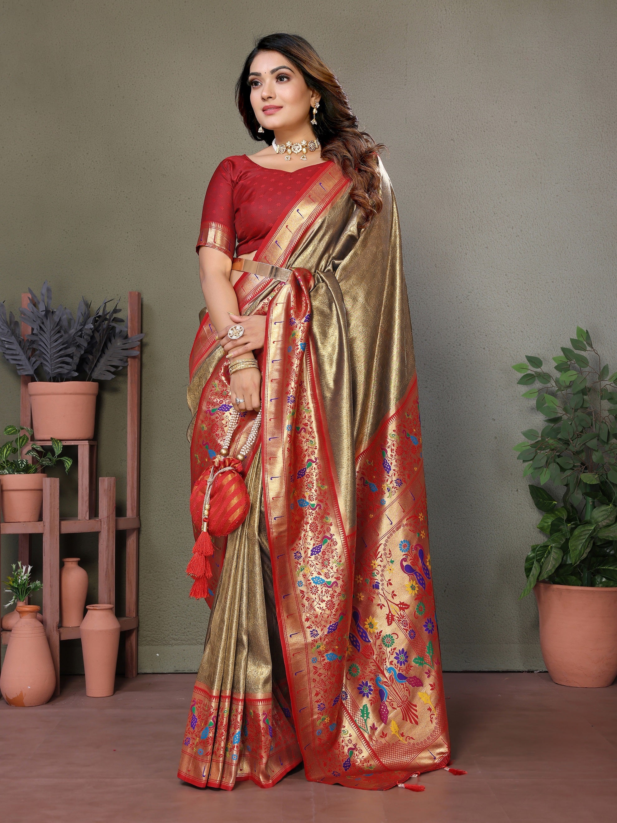 Vedant Vastram Tissue Silk Paithani Silk Saree - Beige - Distacart