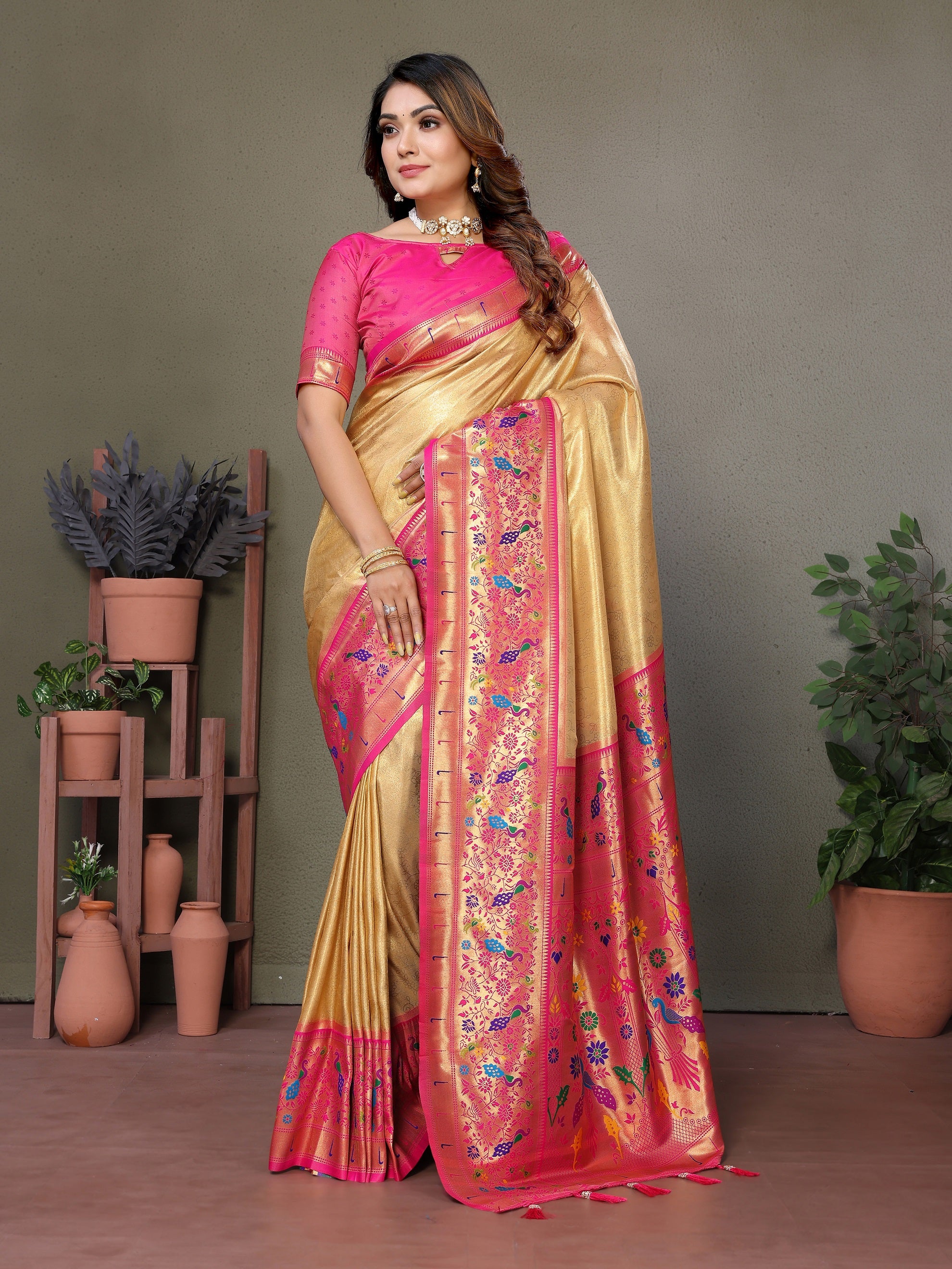 Vedant Vastram Tissue Silk Paithani Silk Saree - Gold - Distacart