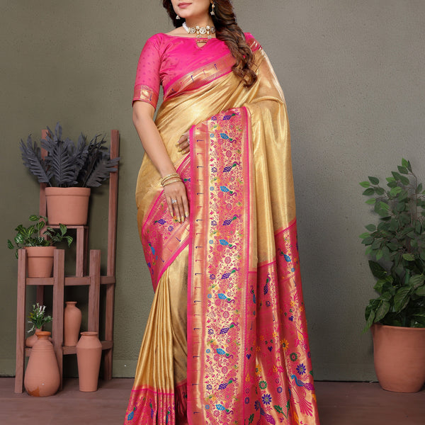 Vedant Vastram Tissue Silk Paithani Silk Saree - Gold - Distacart