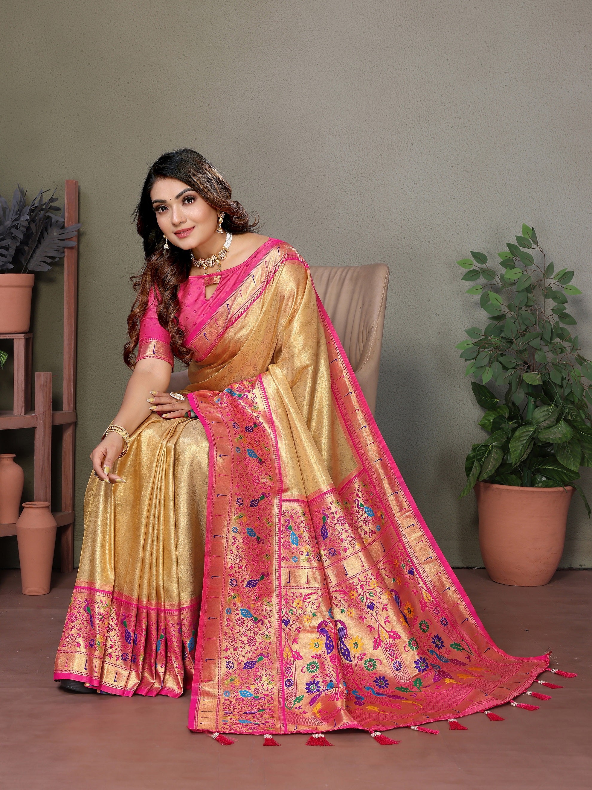 Vedant Vastram Tissue Silk Paithani Silk Saree - Gold - Distacart