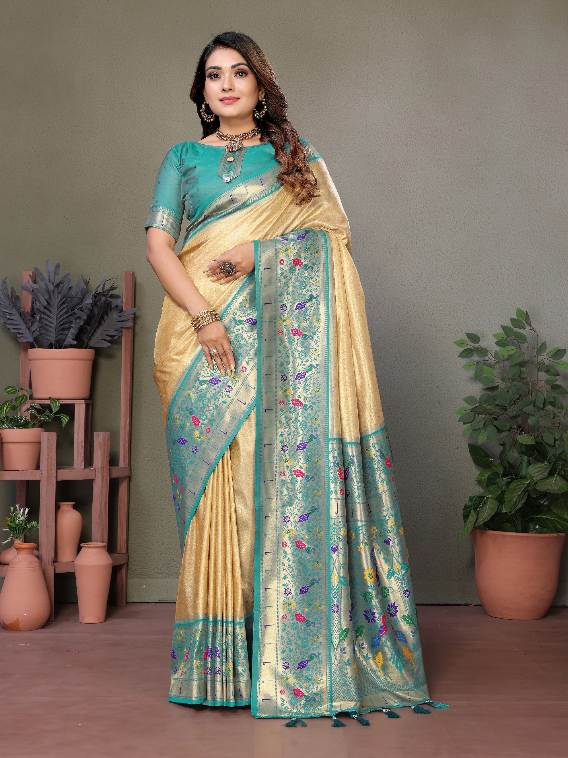 Vedant Vastram Tissue Silk Paithani Silk Saree - Light Yellow - Distacart