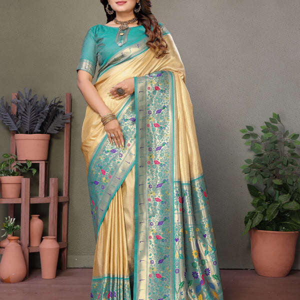 Vedant Vastram Tissue Silk Paithani Silk Saree - Light Yellow - Distacart