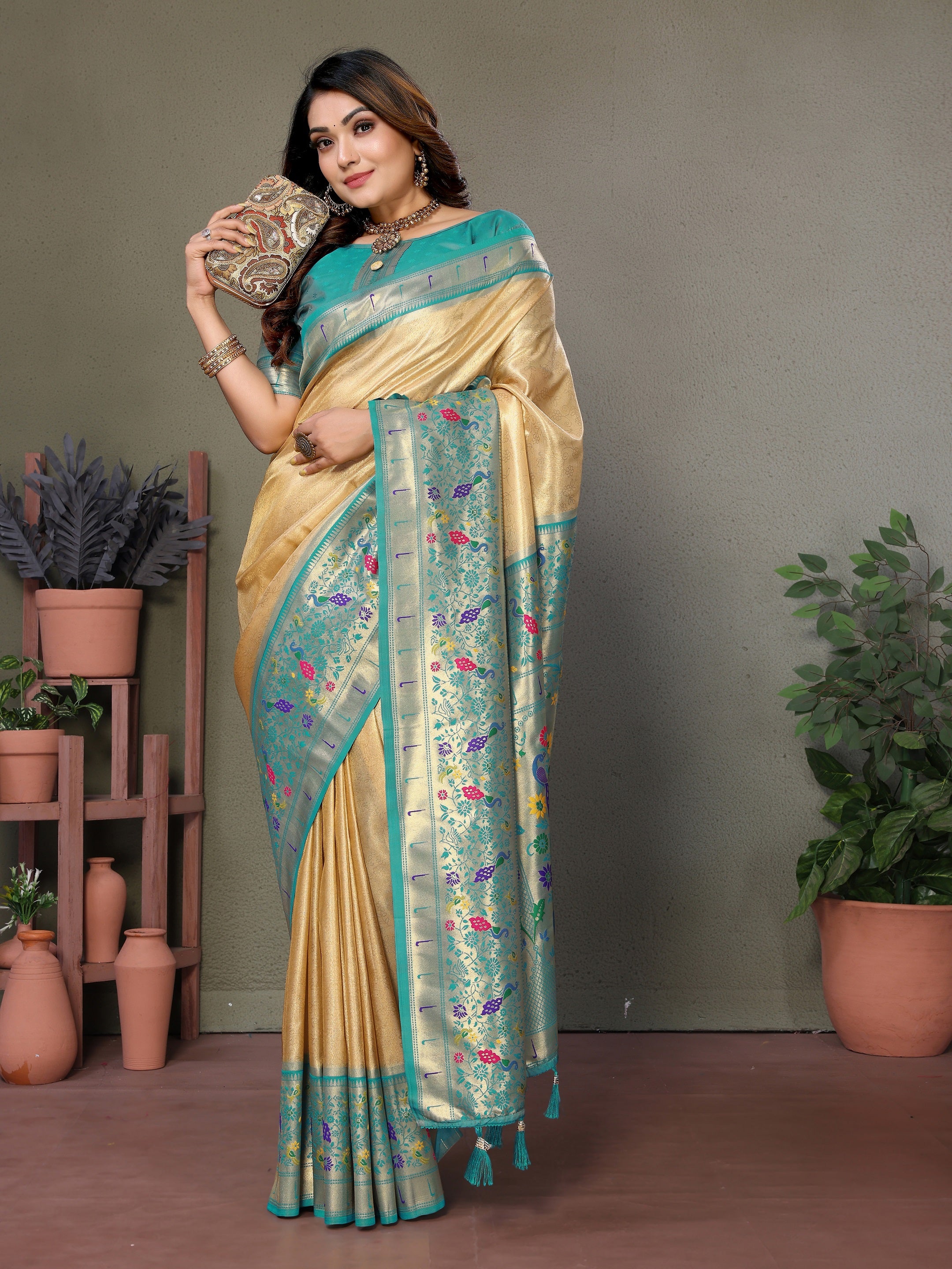 Vedant Vastram Tissue Silk Paithani Silk Saree - Light Yellow - Distacart